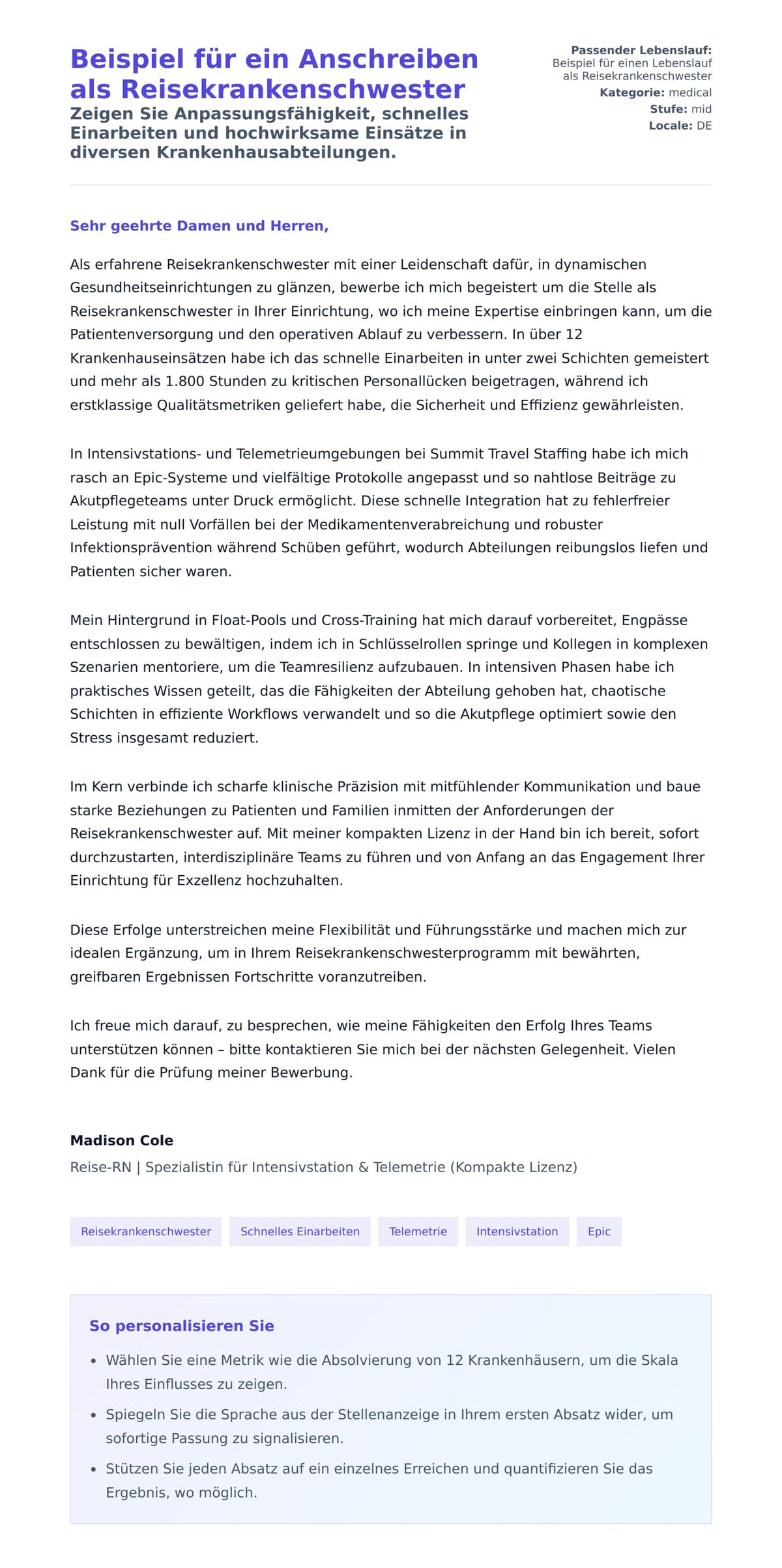Anschreiben‑Vorschau für Beispiel für ein Anschreiben als Reisekrankenschwester
