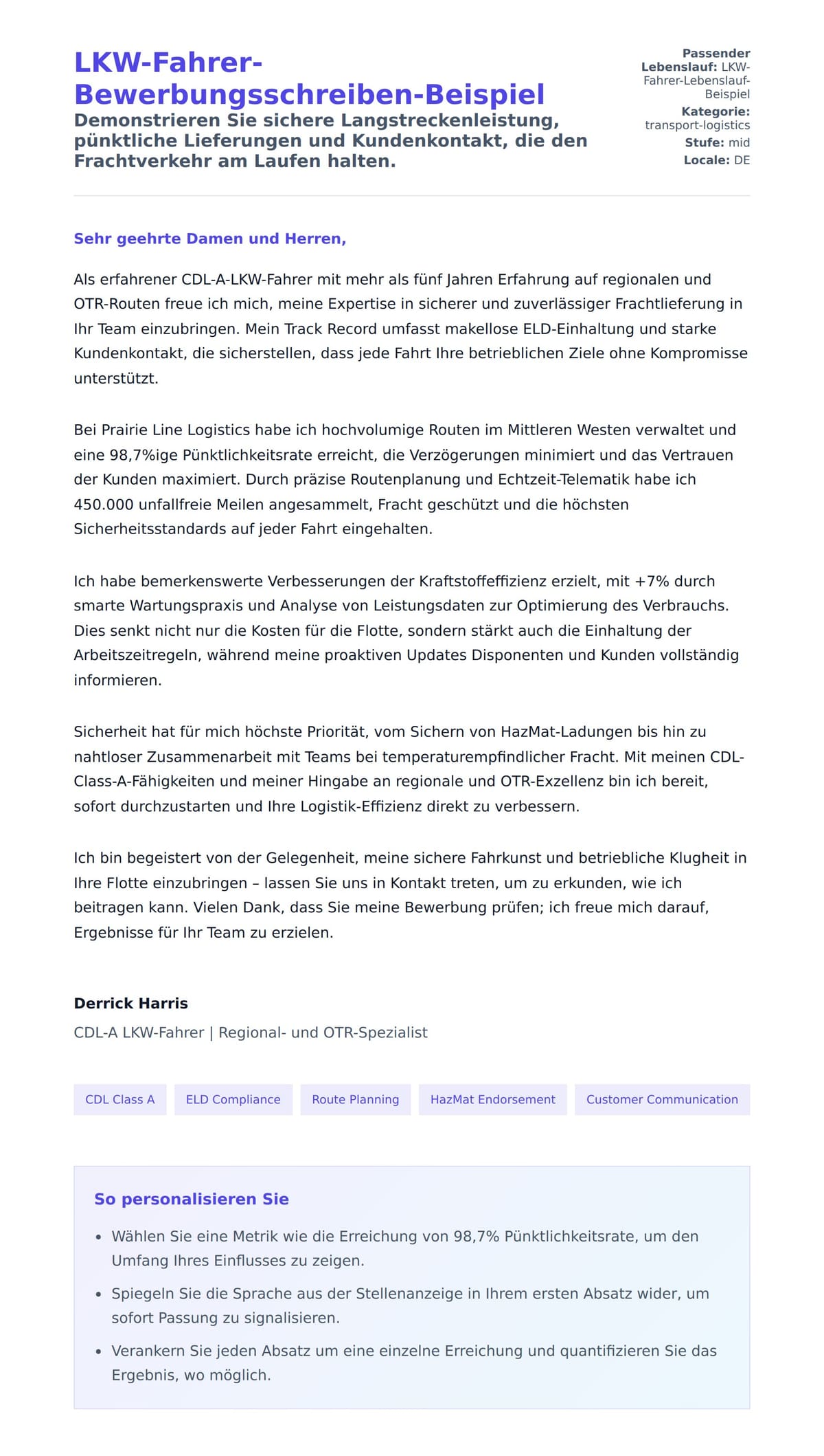 Anschreiben‑Vorschau für LKW-Fahrer-Bewerbungsschreiben-Beispiel