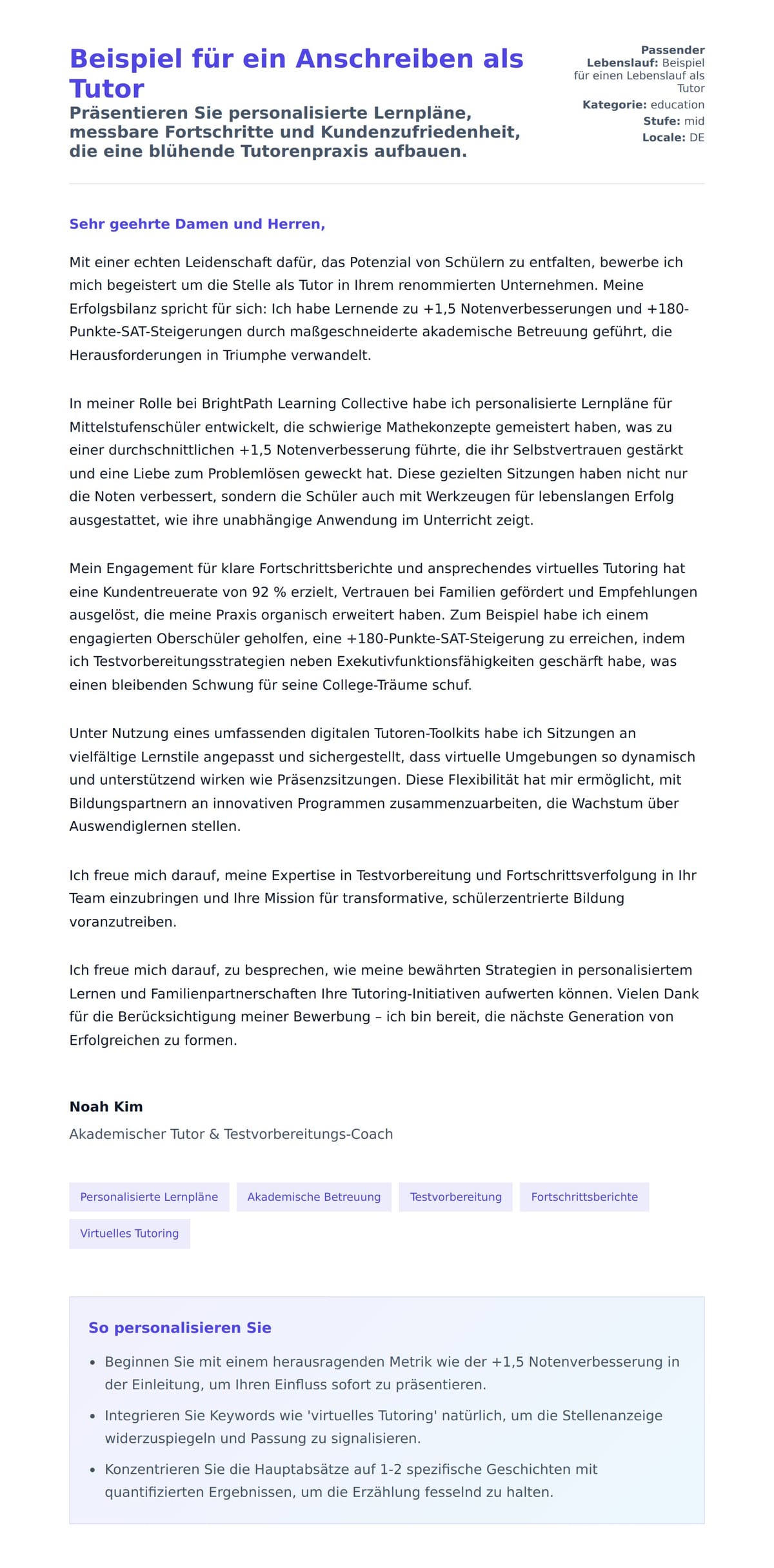 Anschreiben‑Vorschau für Beispiel für ein Anschreiben als Tutor