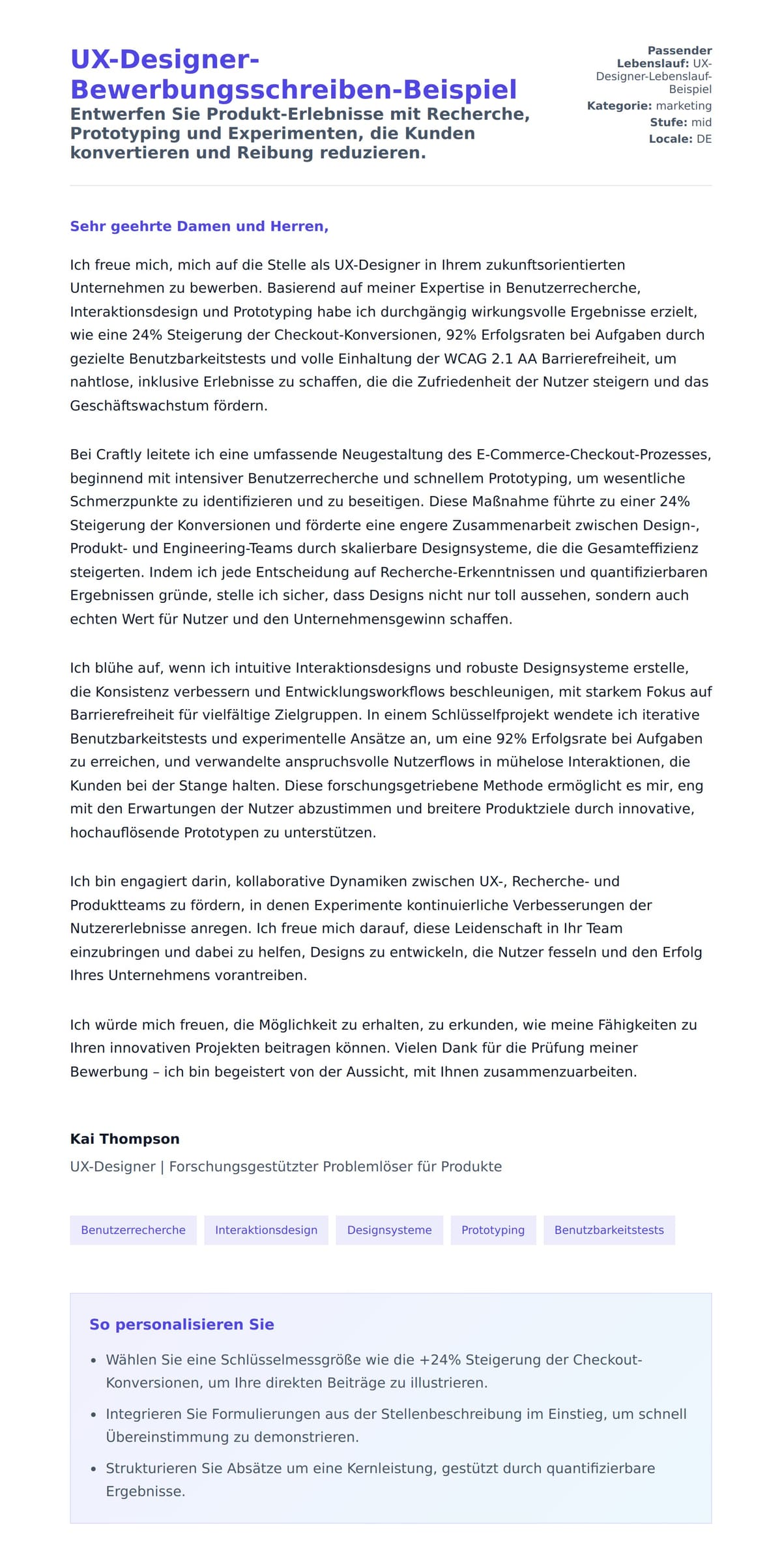Anschreiben‑Vorschau für UX-Designer-Bewerbungsschreiben-Beispiel