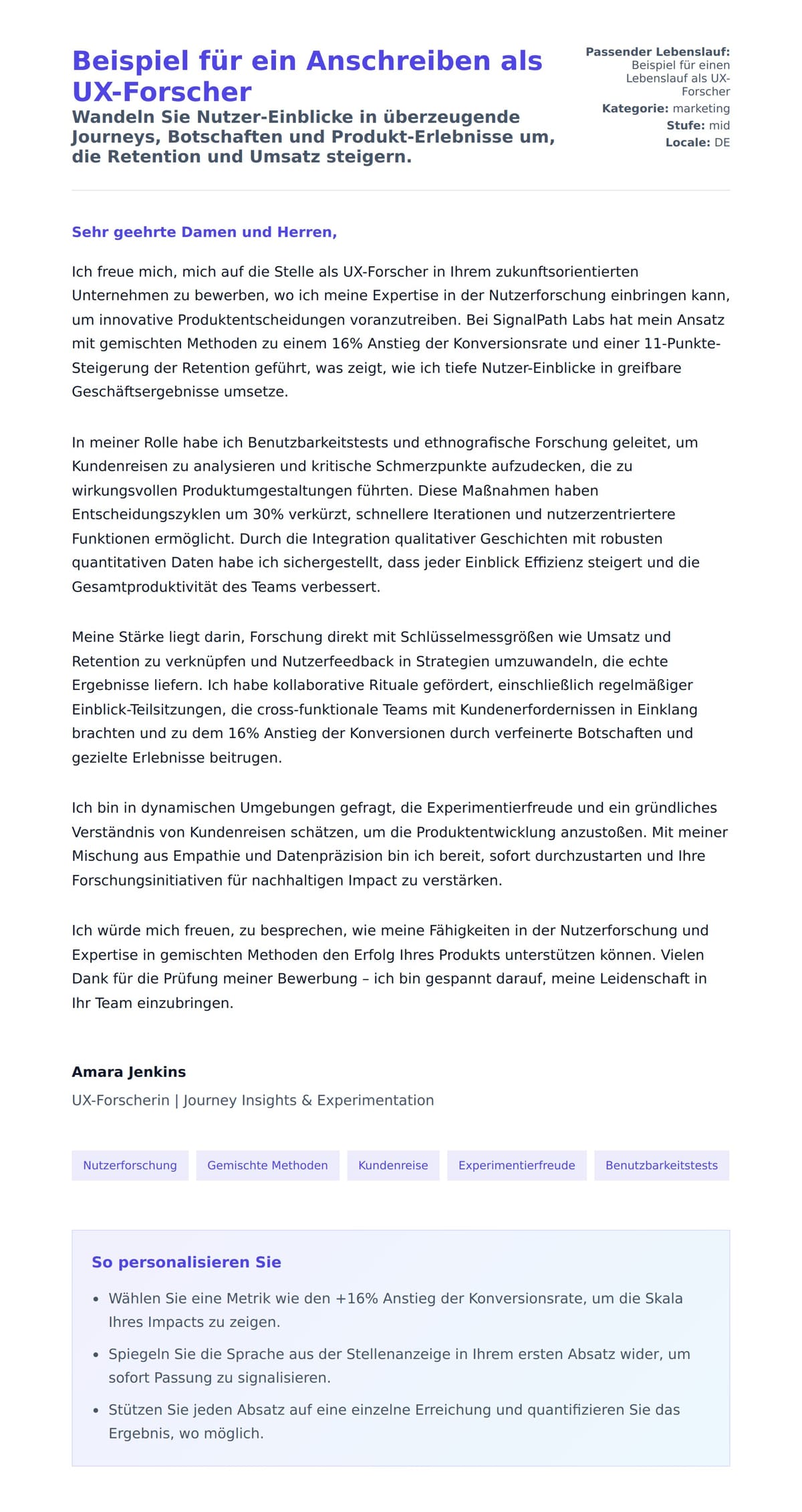 Anschreiben‑Vorschau für Beispiel für ein Anschreiben als UX-Forscher