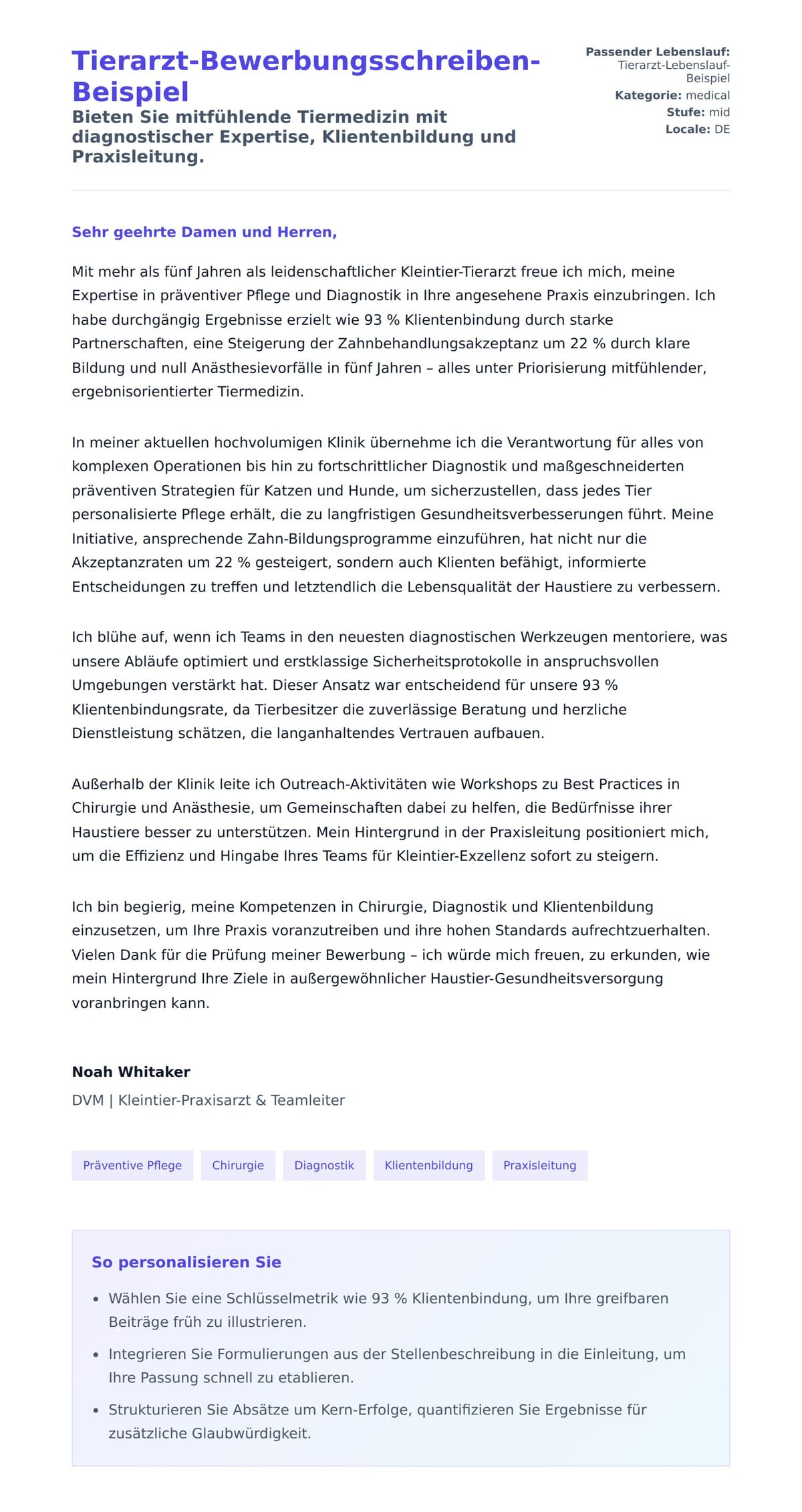 Anschreiben‑Vorschau für Tierarzt-Bewerbungsschreiben-Beispiel
