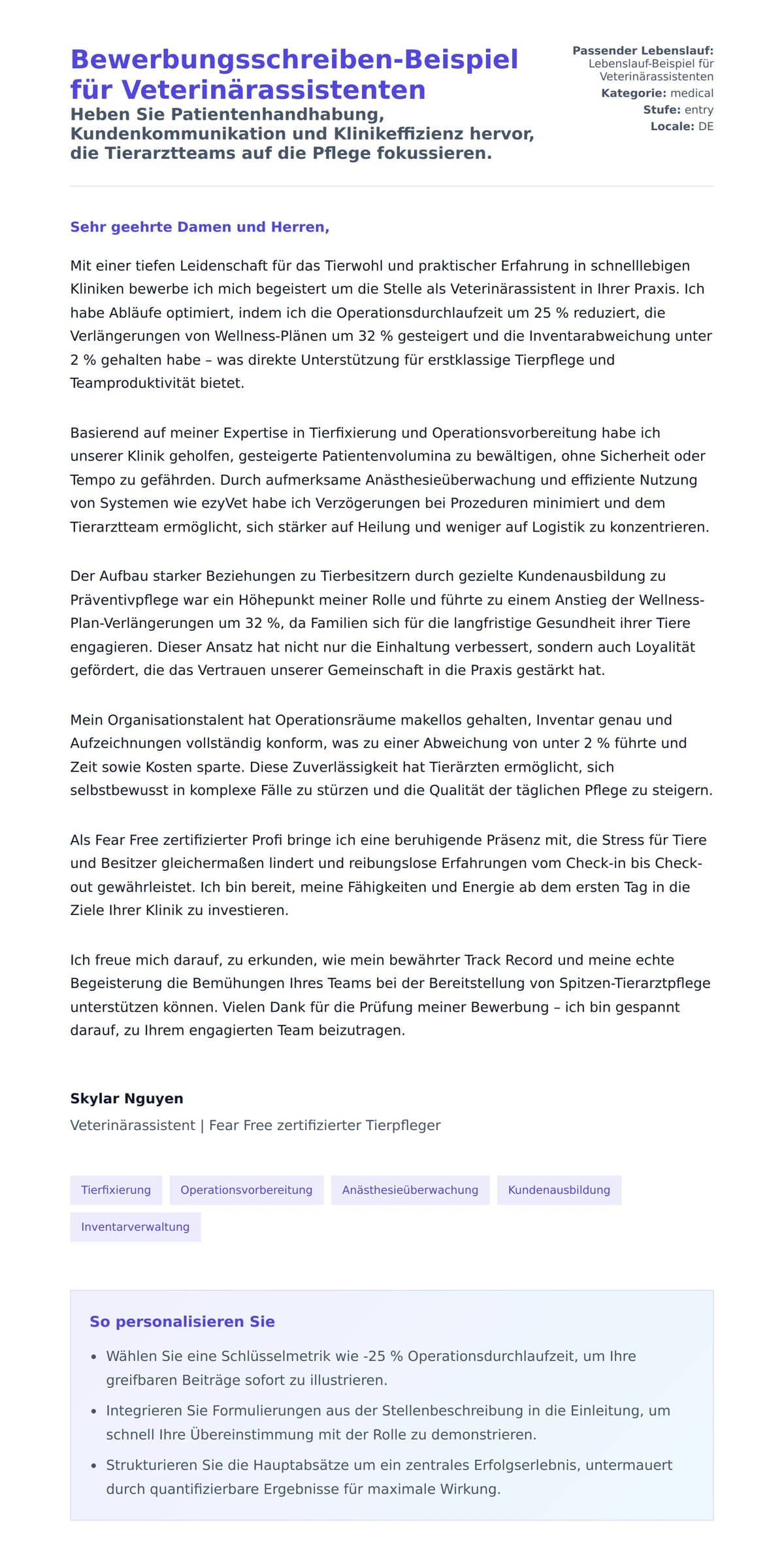 Anschreiben‑Vorschau für Bewerbungsschreiben-Beispiel für Veterinärassistenten