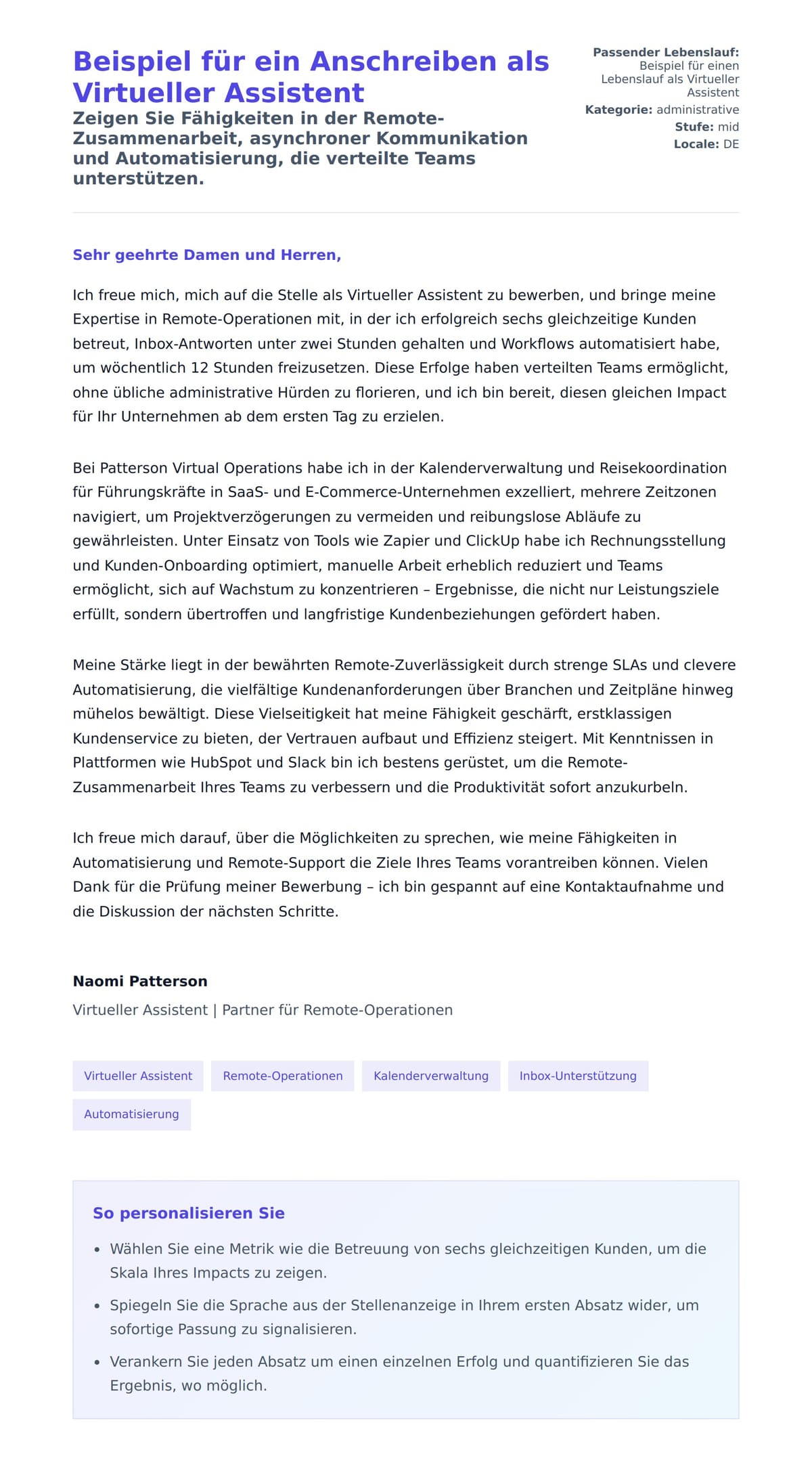 Anschreiben‑Vorschau für Beispiel für ein Anschreiben als Virtueller Assistent