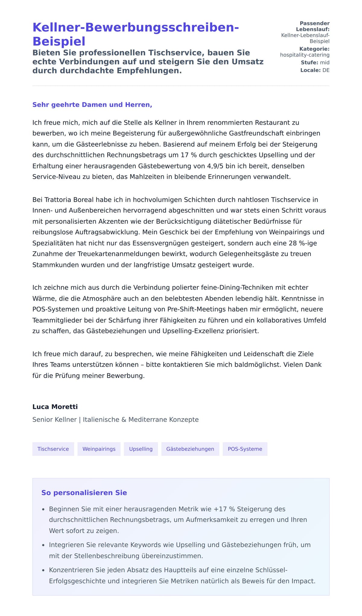 Anschreiben‑Vorschau für Kellner-Bewerbungsschreiben-Beispiel