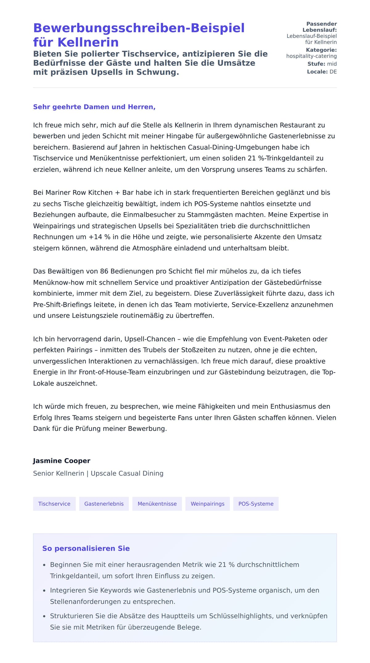 Anschreiben‑Vorschau für Bewerbungsschreiben-Beispiel für Kellnerin
