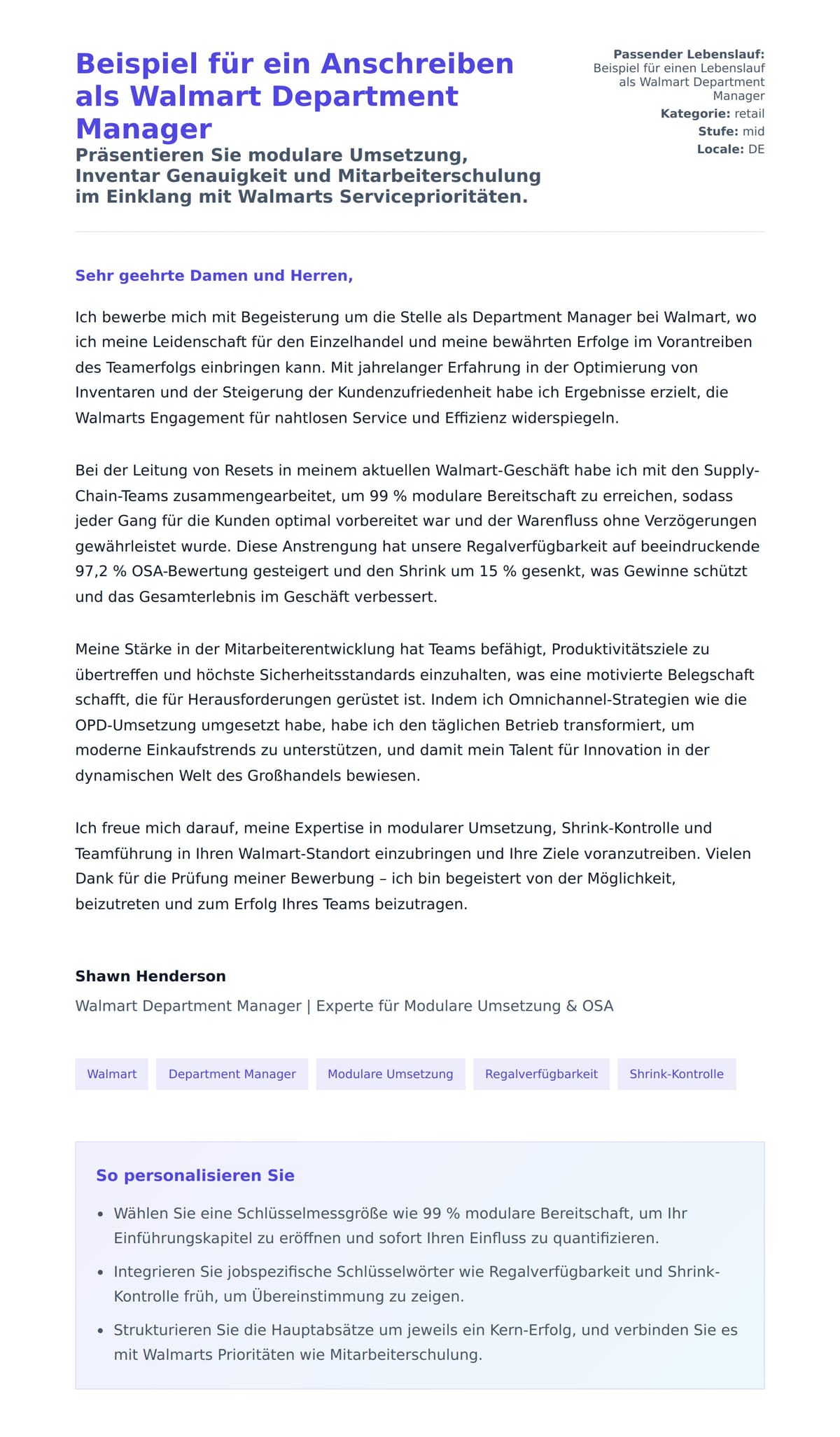 Anschreiben‑Vorschau für Beispiel für ein Anschreiben als Walmart Department Manager