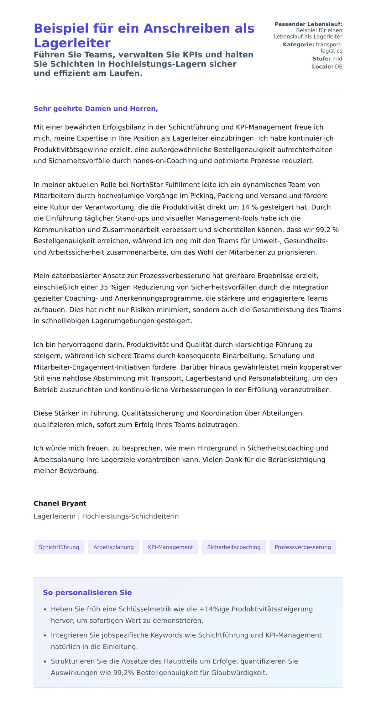 Anschreiben‑Vorschau für Beispiel für ein Anschreiben als Lagerleiter