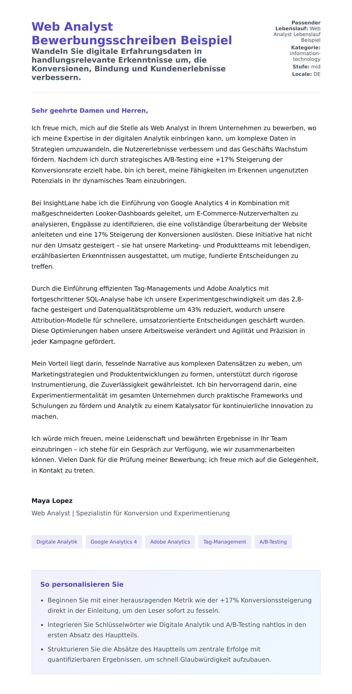 Anschreiben‑Vorschau für Web Analyst Bewerbungsschreiben Beispiel