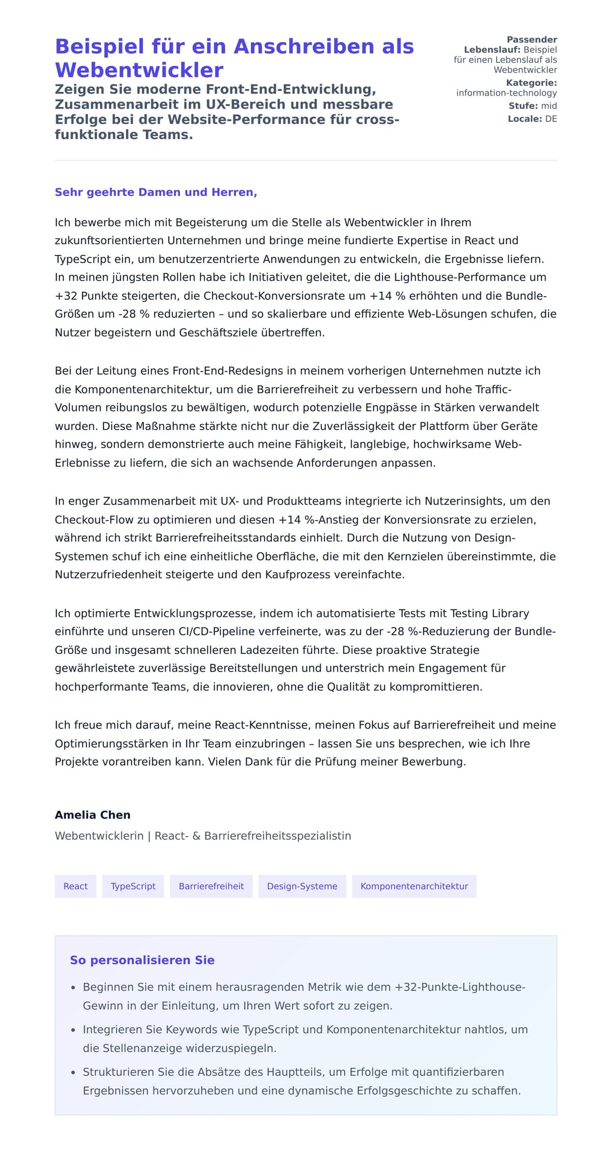 Anschreiben‑Vorschau für Beispiel für ein Anschreiben als Webentwickler