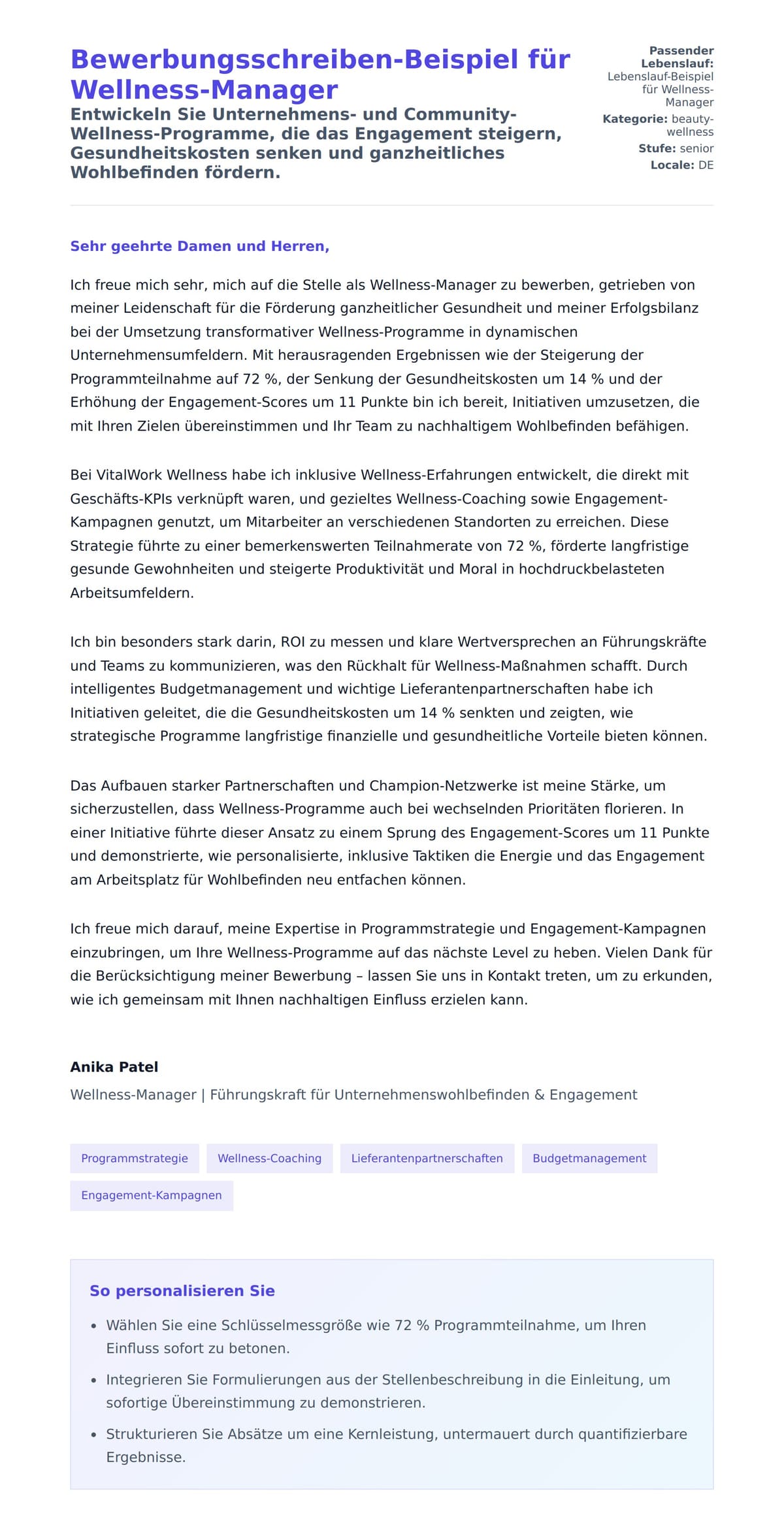 Anschreiben‑Vorschau für Bewerbungsschreiben-Beispiel für Wellness-Manager