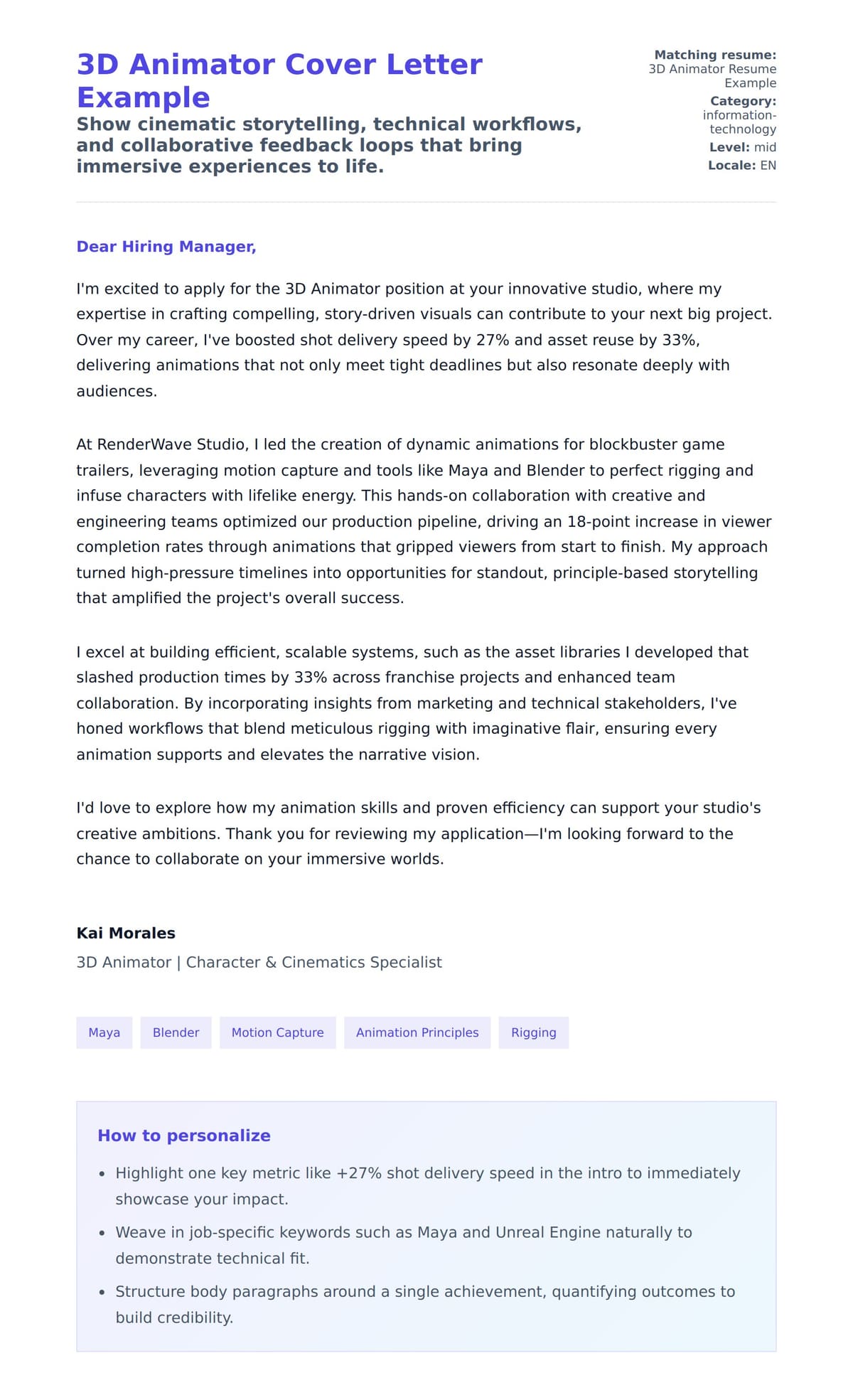 Cover Letter preview for 3D Animator Cover Letter Example