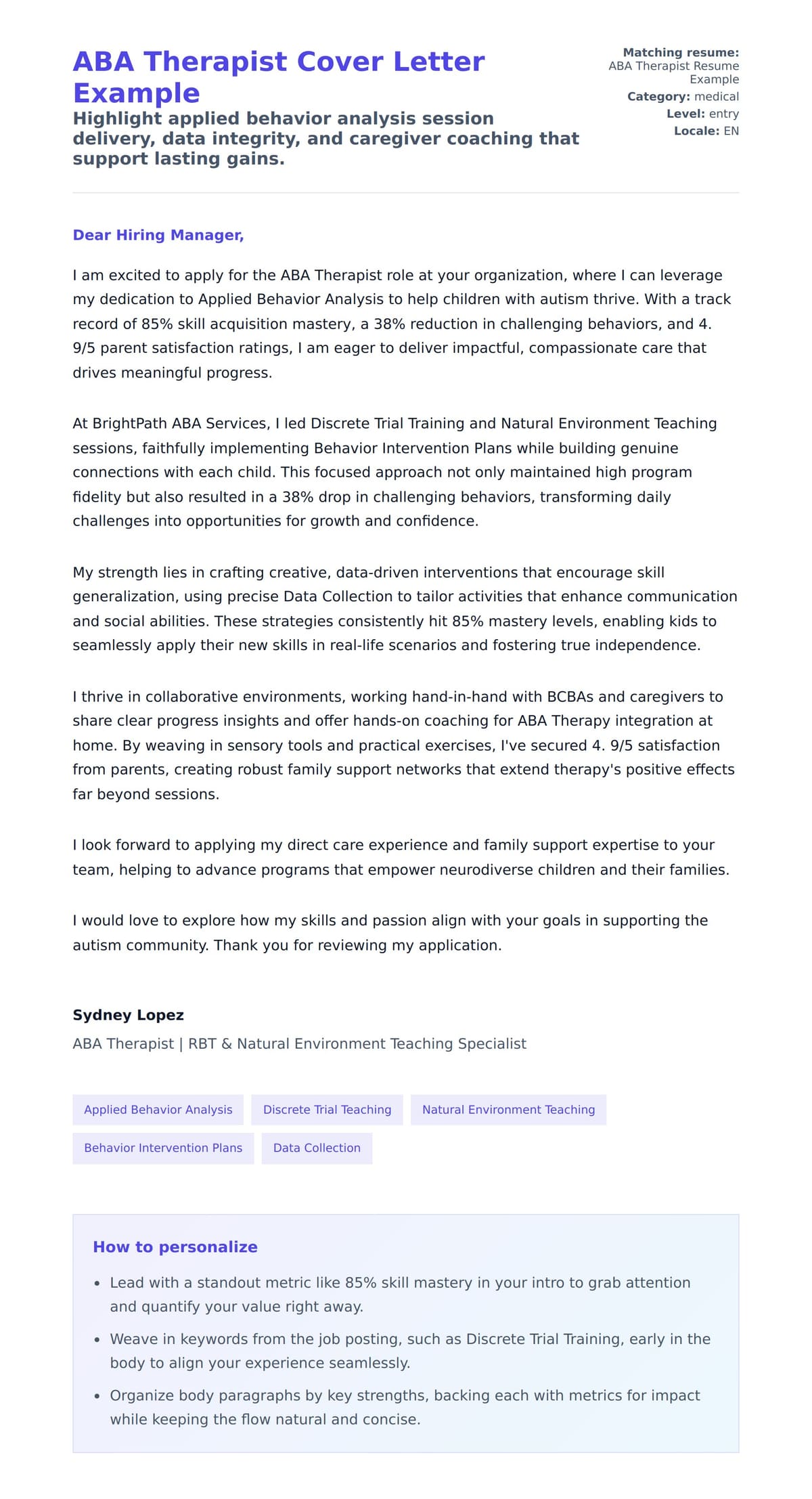 Cover Letter preview for ABA Therapist Cover Letter Example