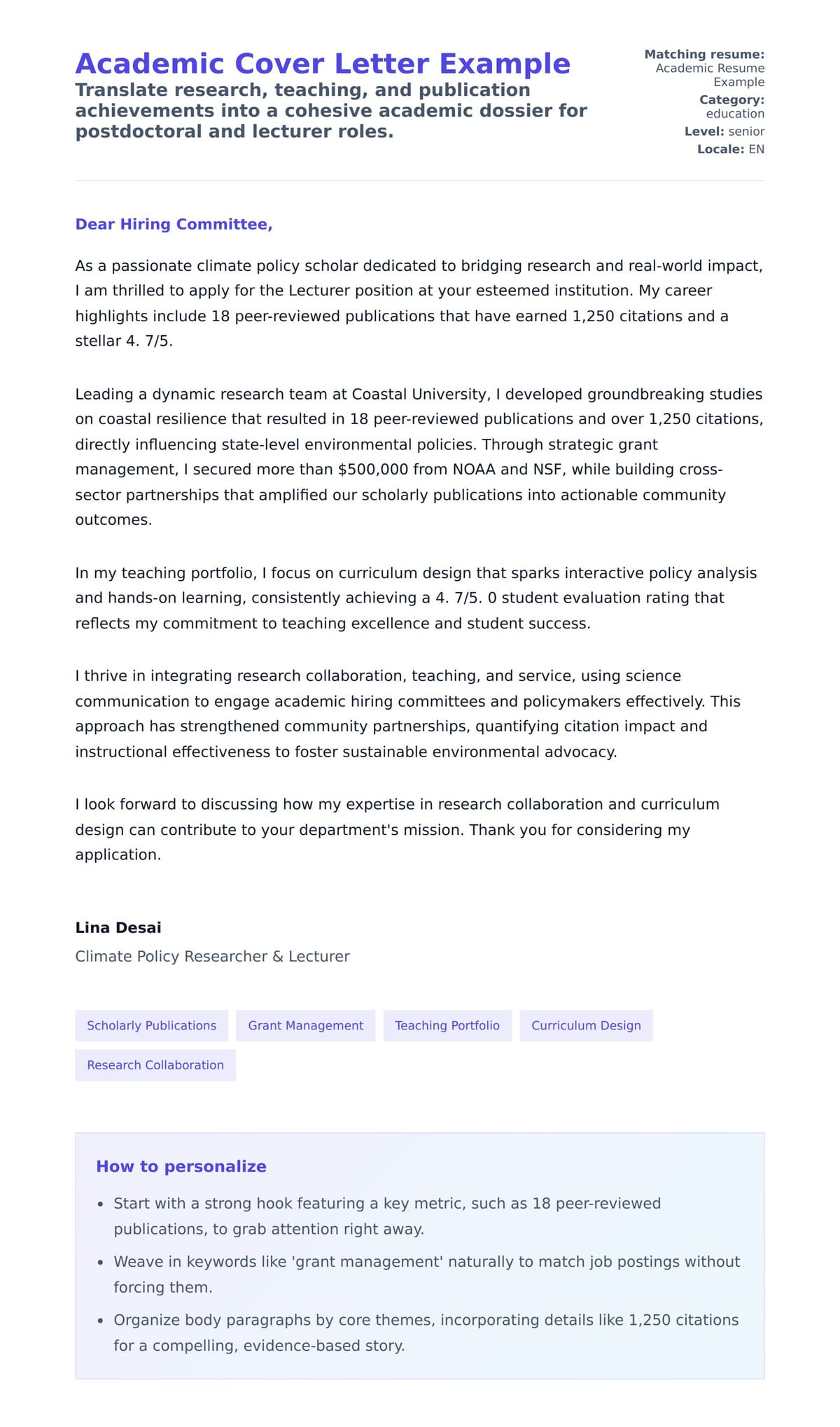 Cover Letter preview for Academic Cover Letter Example