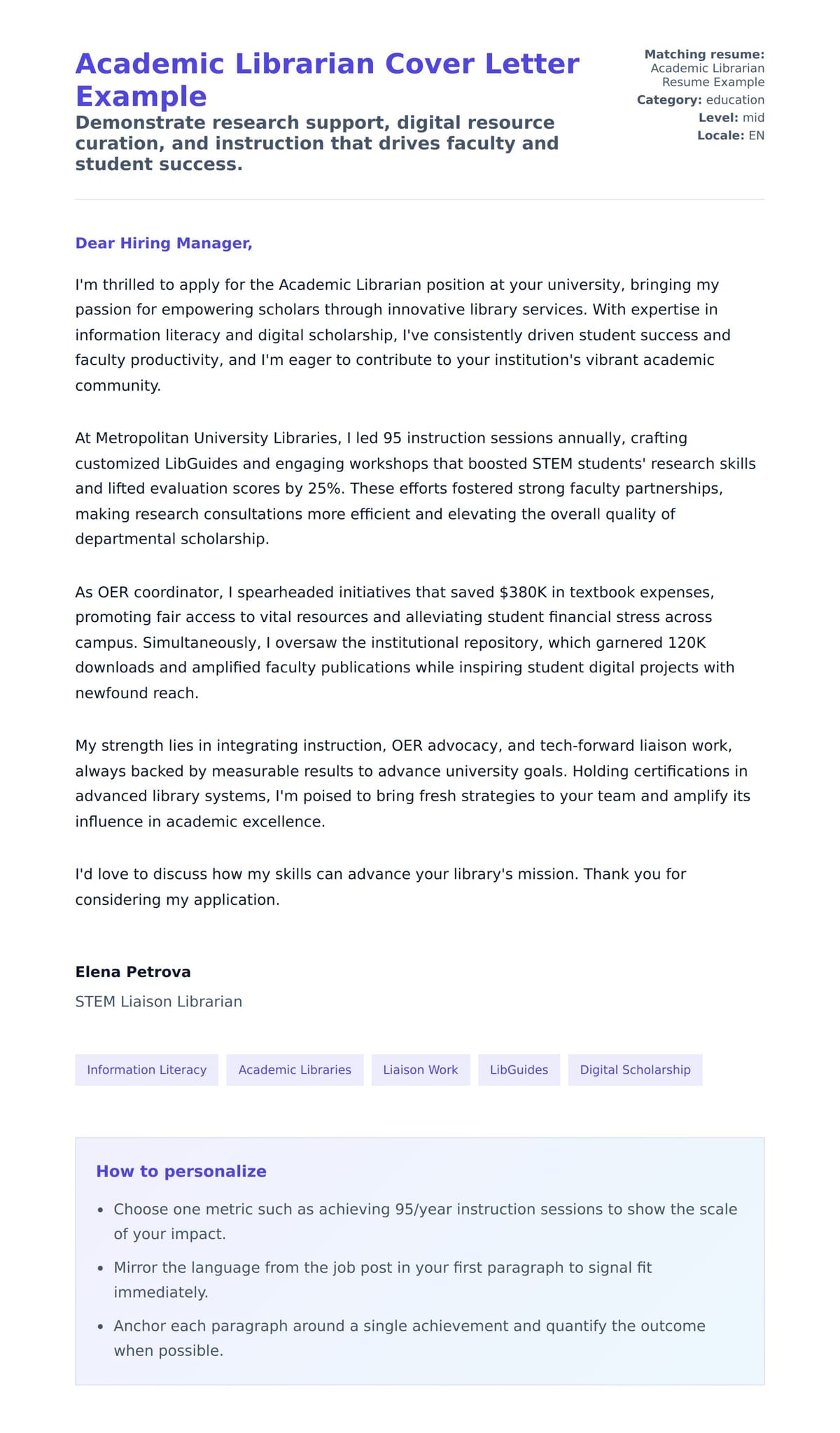 Cover Letter preview for Academic Librarian Cover Letter Example