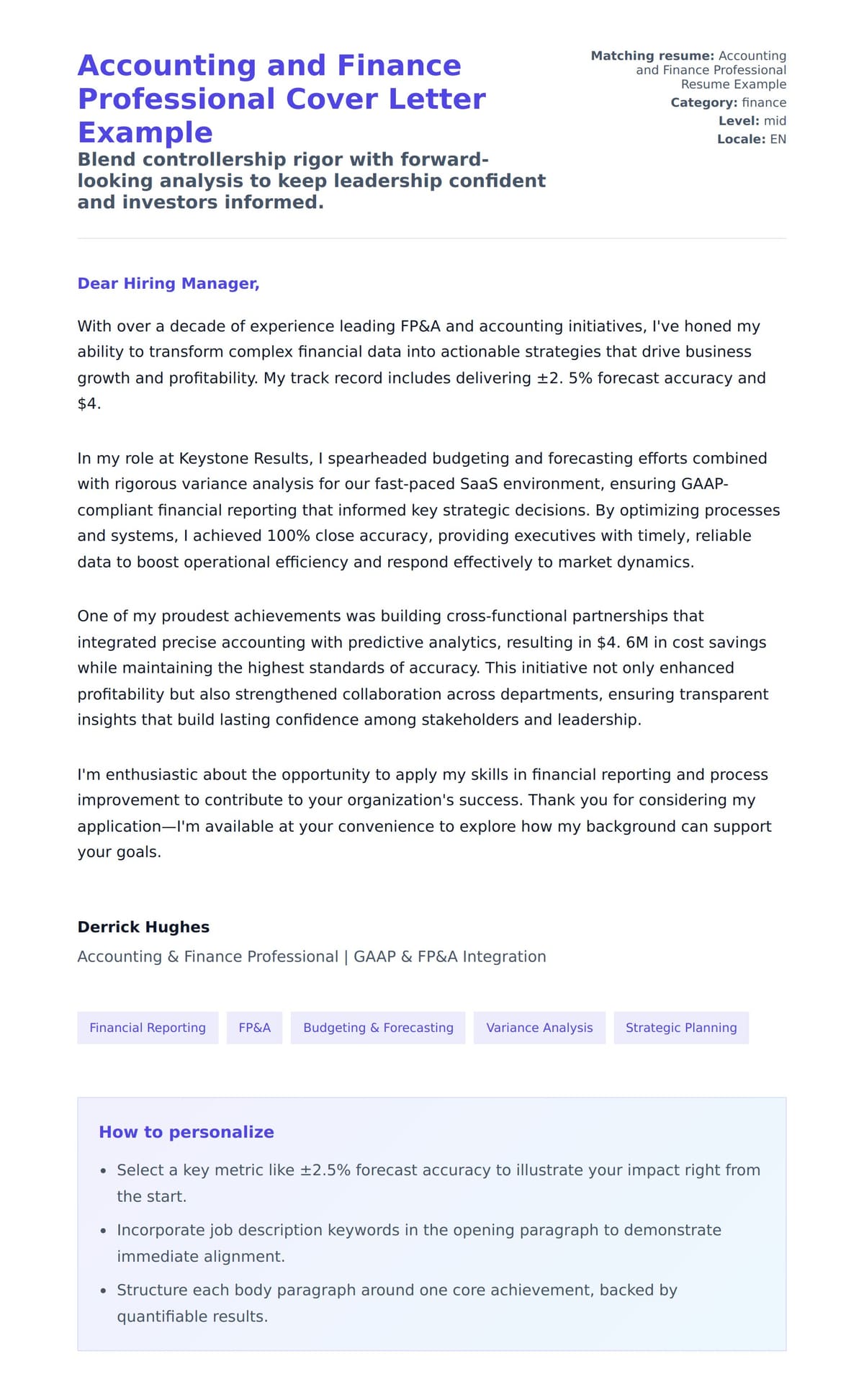 Cover Letter preview for Accounting and Finance Professional Cover Letter Example