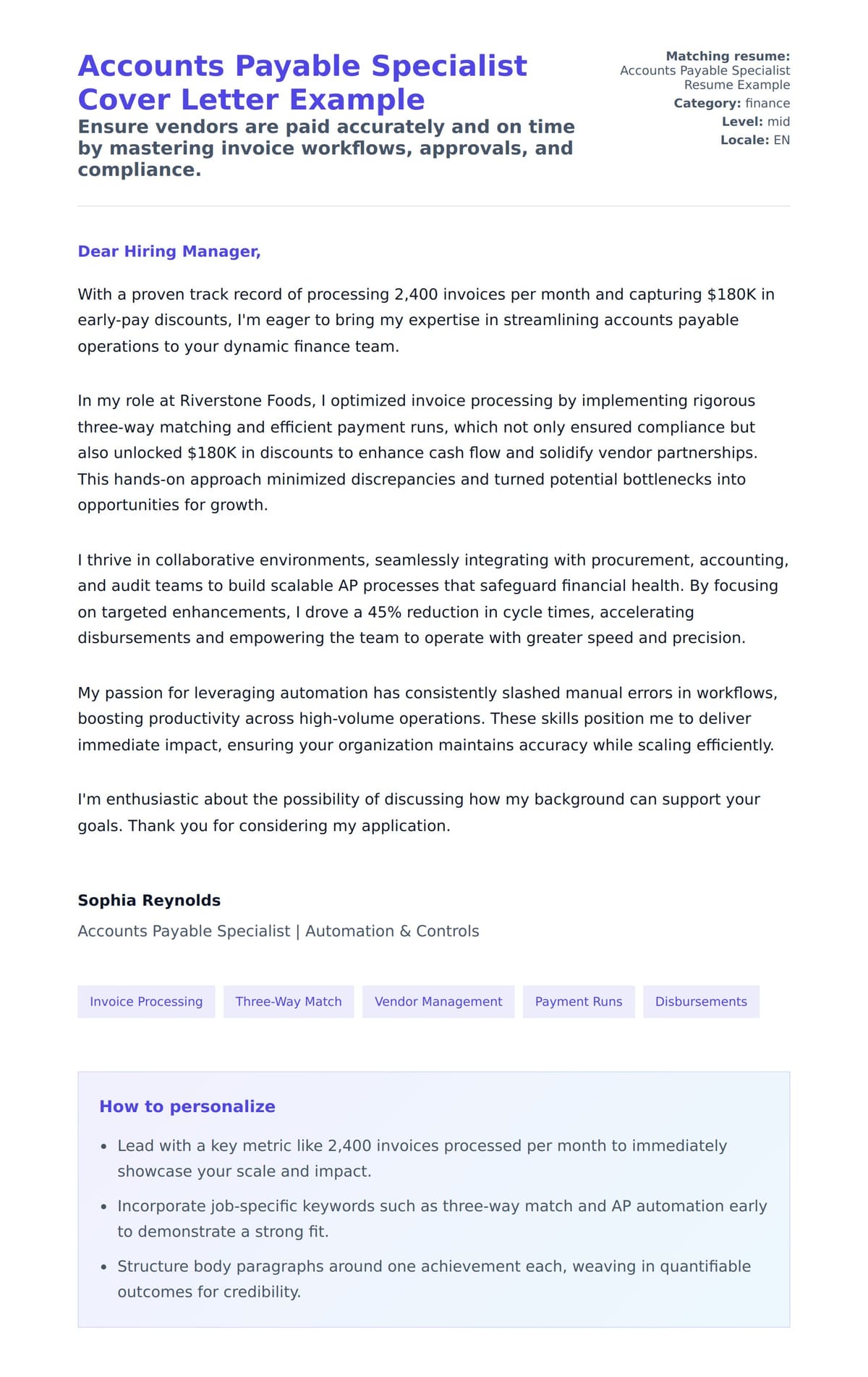 Cover Letter preview for Accounts Payable Specialist Cover Letter Example