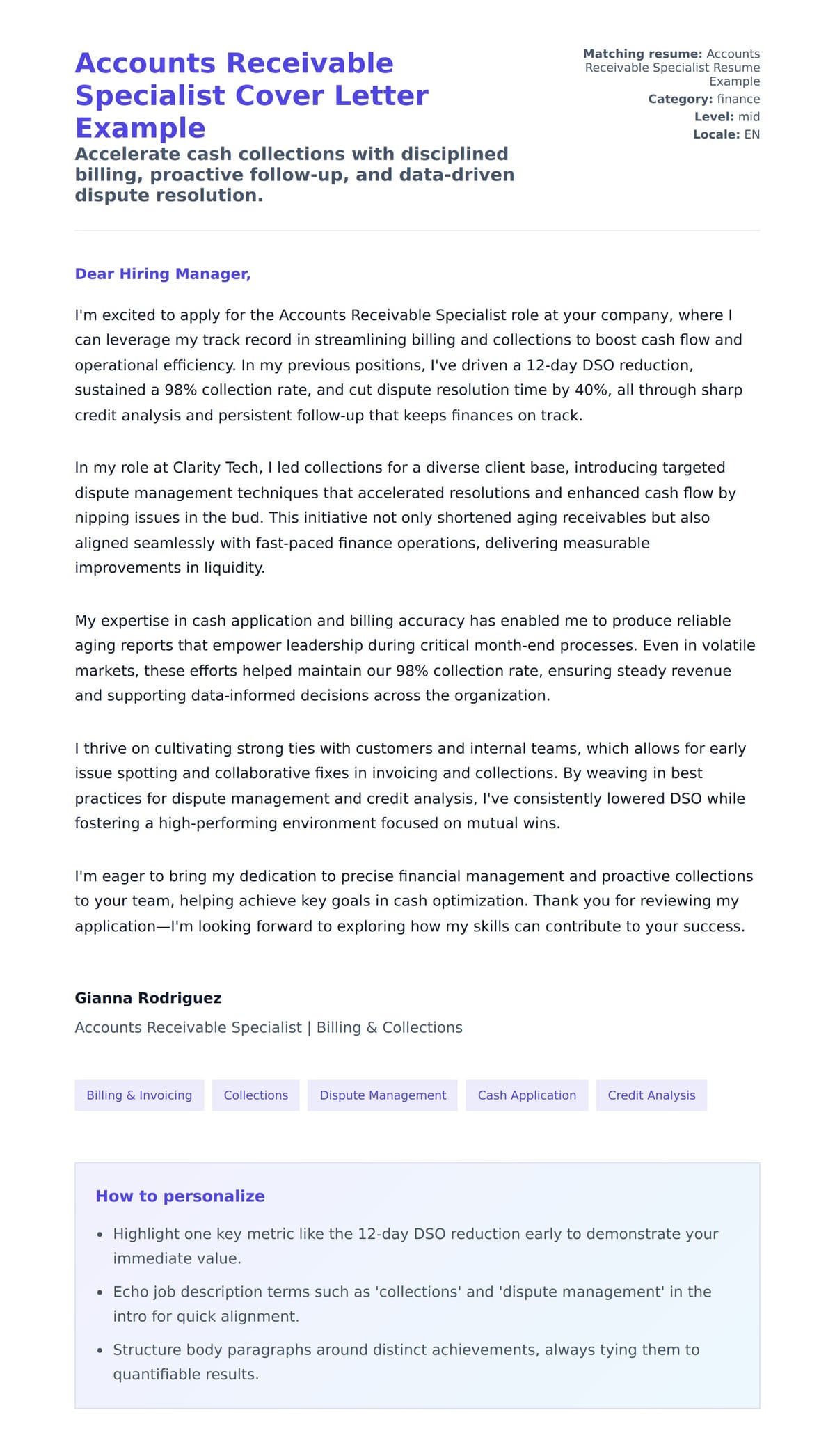 Cover Letter preview for Accounts Receivable Specialist Cover Letter Example