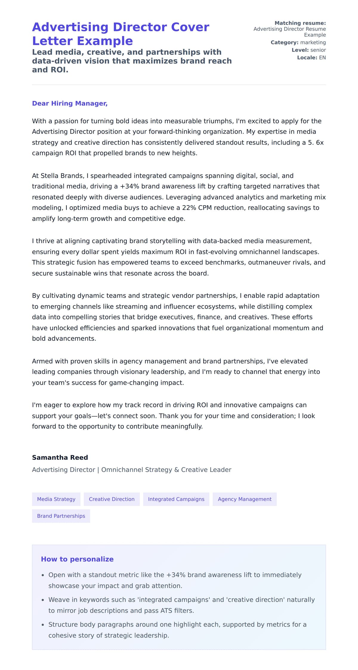 Cover Letter preview for Advertising Director Cover Letter Example