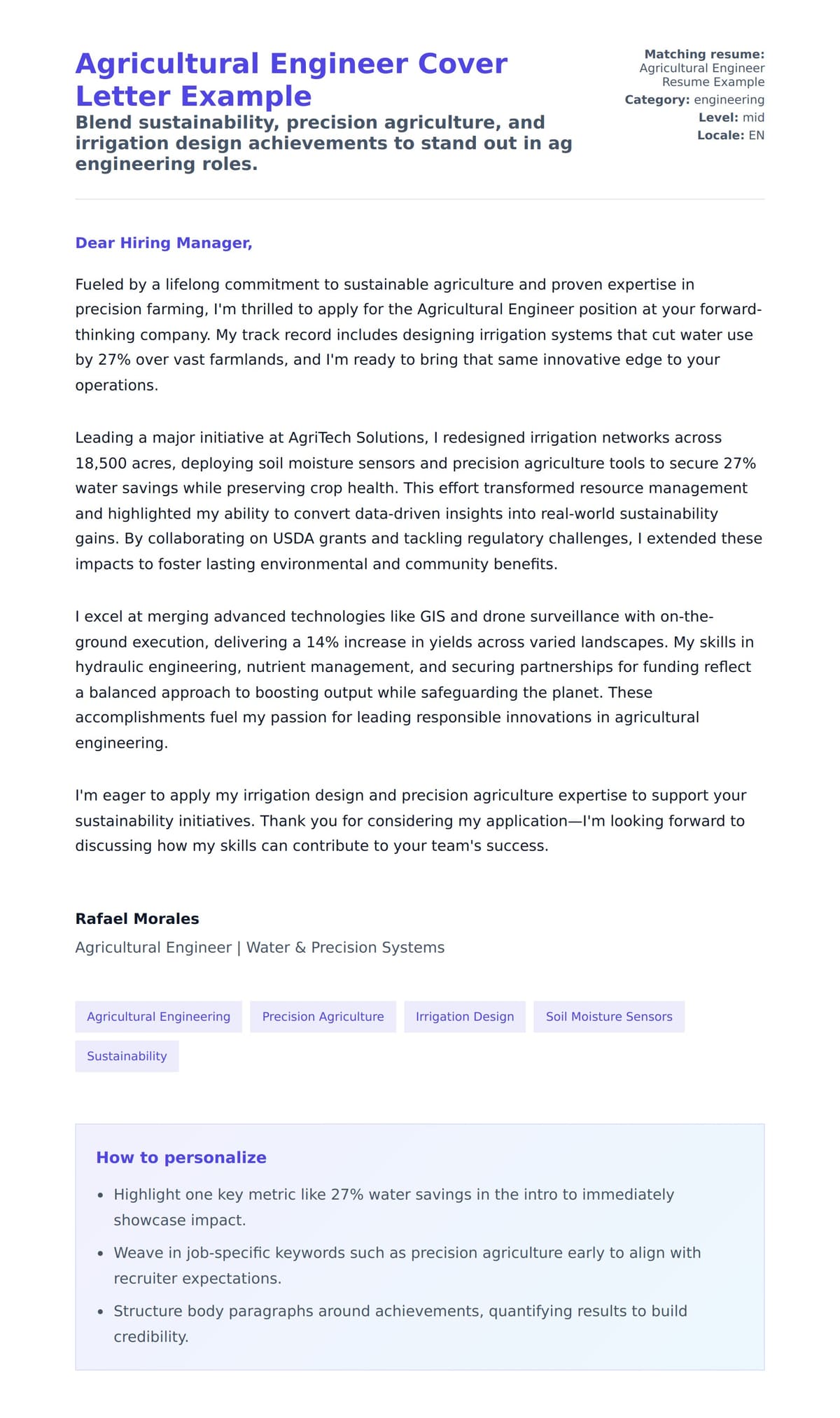 Cover Letter preview for Agricultural Engineer Cover Letter Example