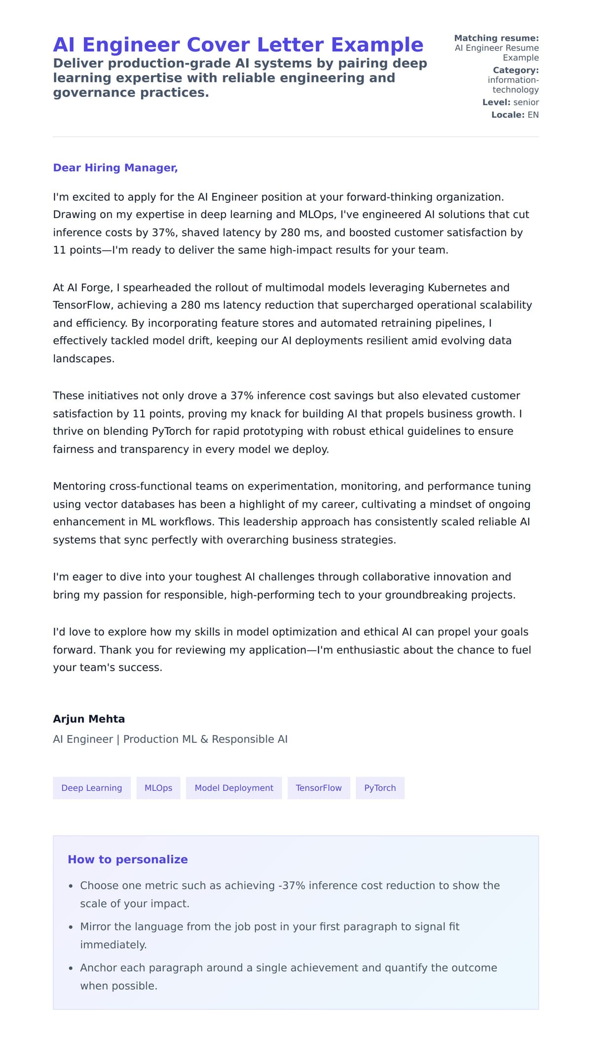 Cover Letter preview for AI Engineer Cover Letter Example
