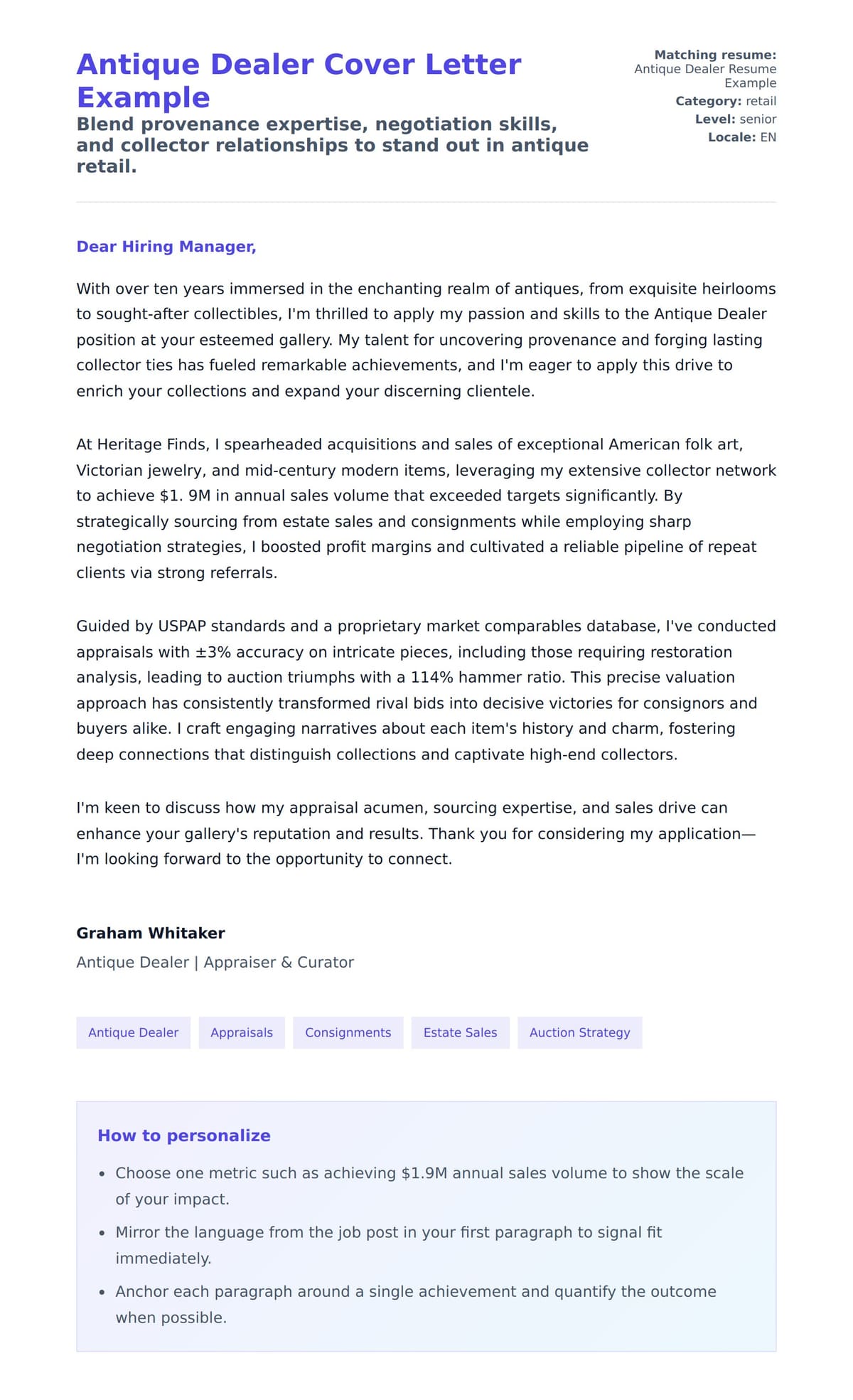 Cover Letter preview for Antique Dealer Cover Letter Example