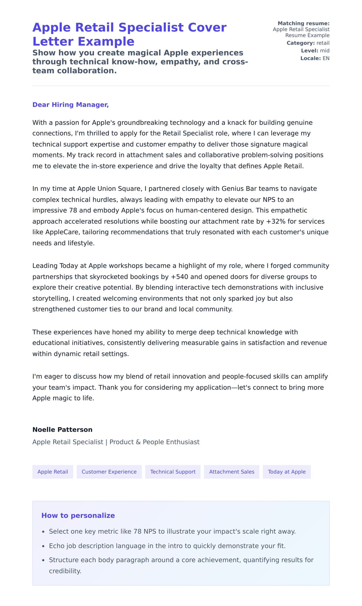 Cover Letter preview for Apple Retail Specialist Cover Letter Example