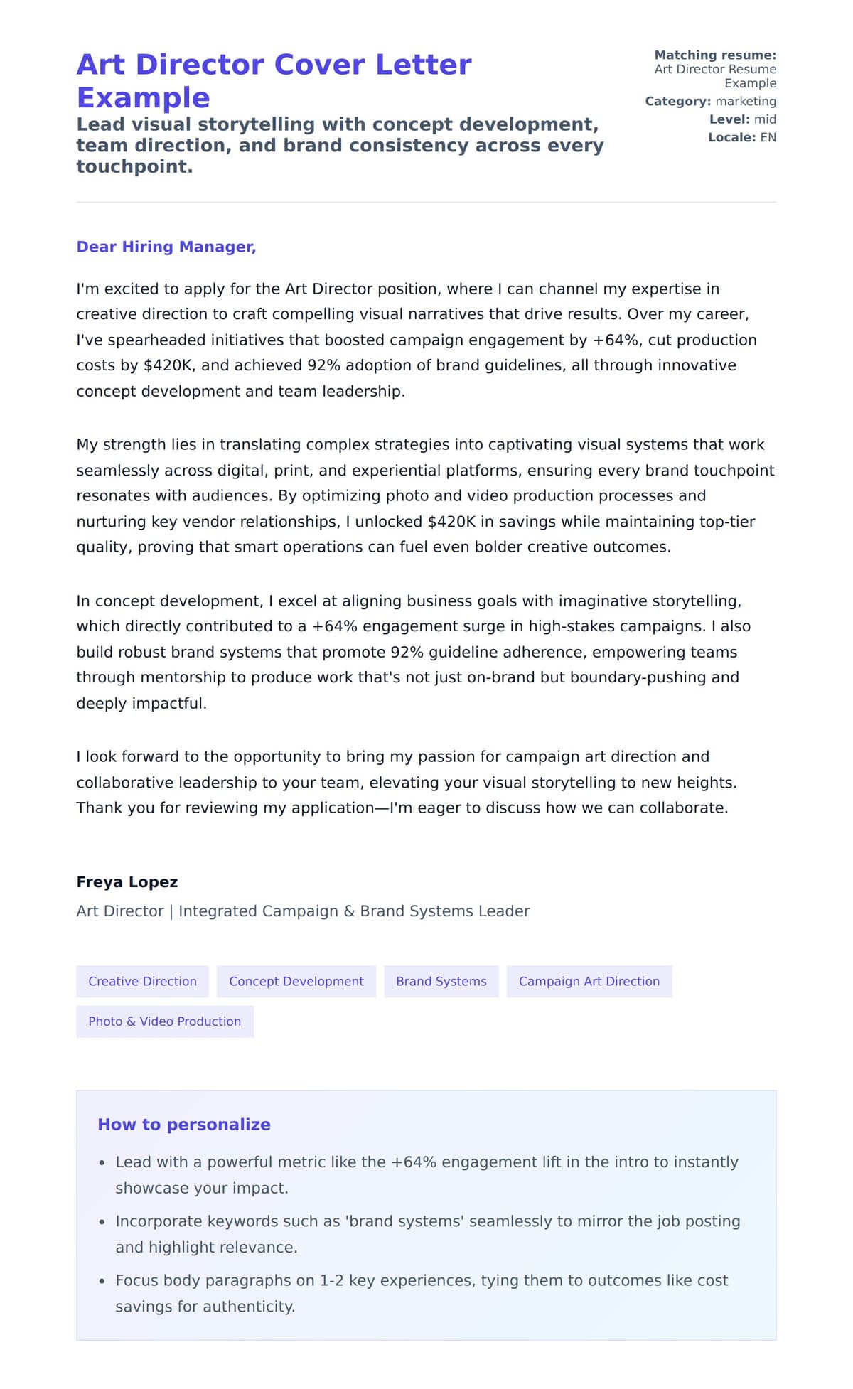 Cover Letter preview for Art Director Cover Letter Example