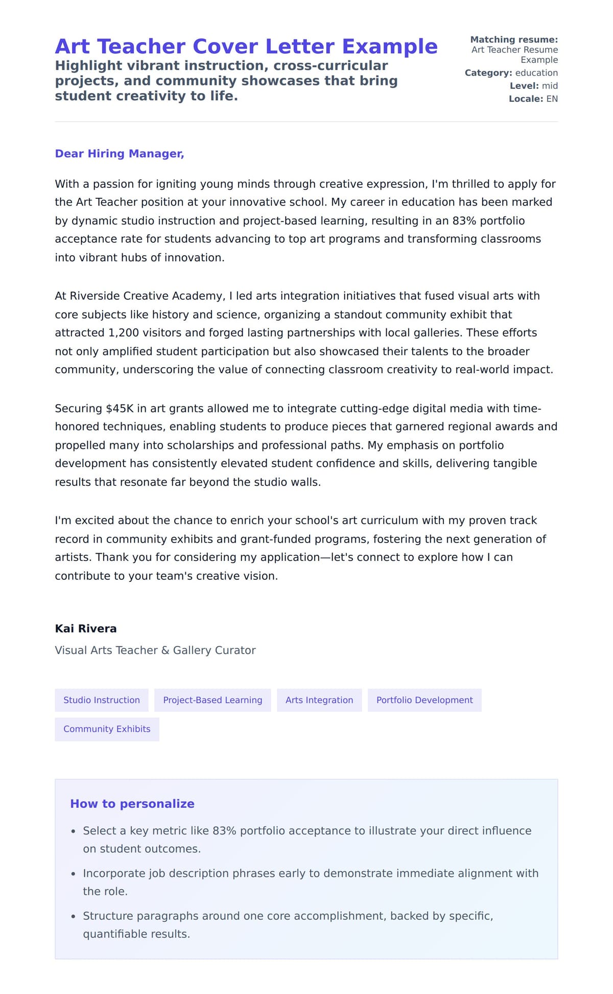 Cover Letter preview for Art Teacher Cover Letter Example