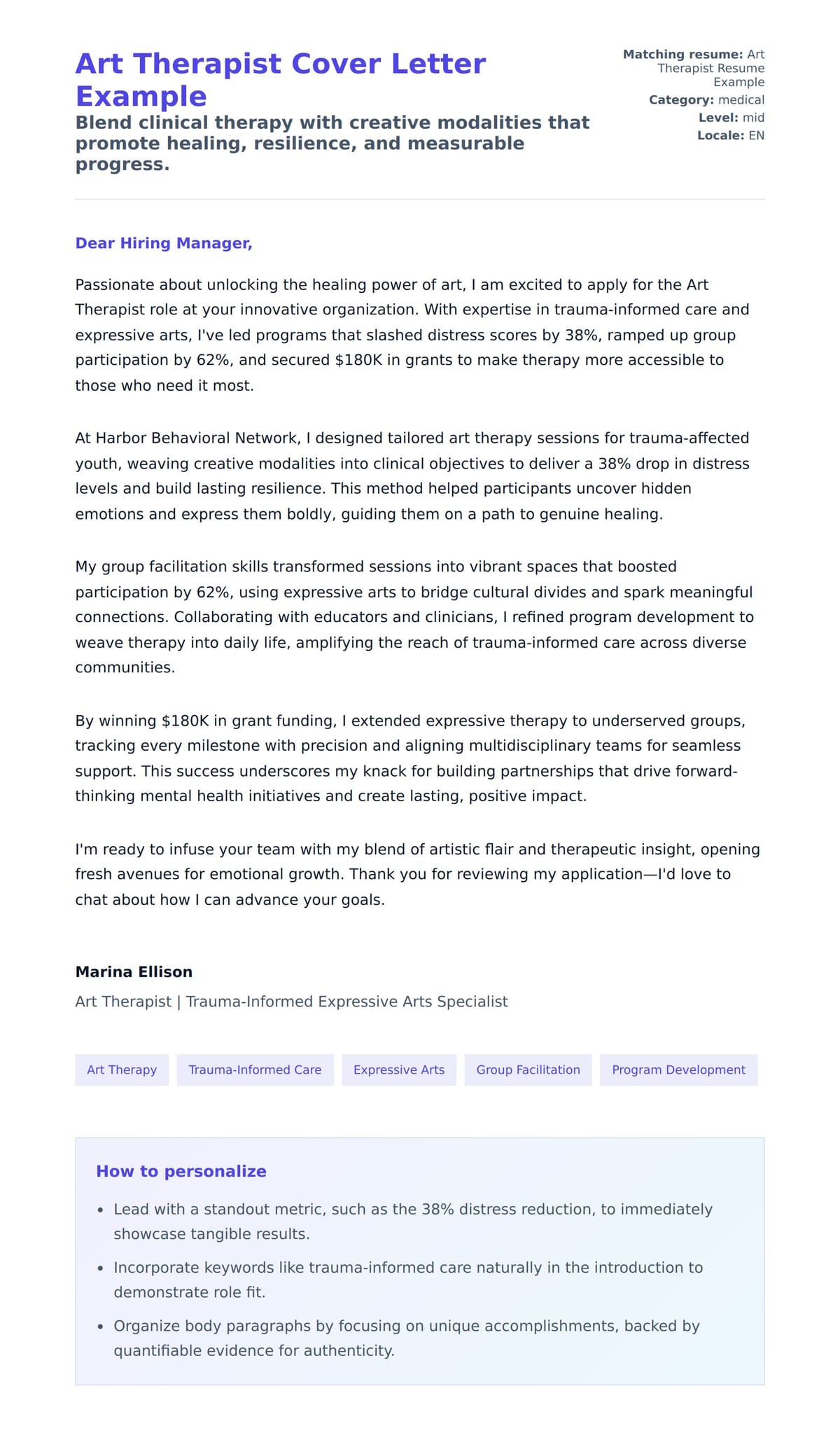 Cover Letter preview for Art Therapist Cover Letter Example