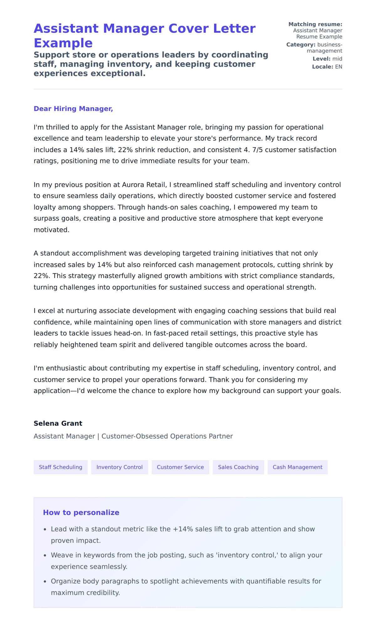 Cover Letter preview for Assistant Manager Cover Letter Example