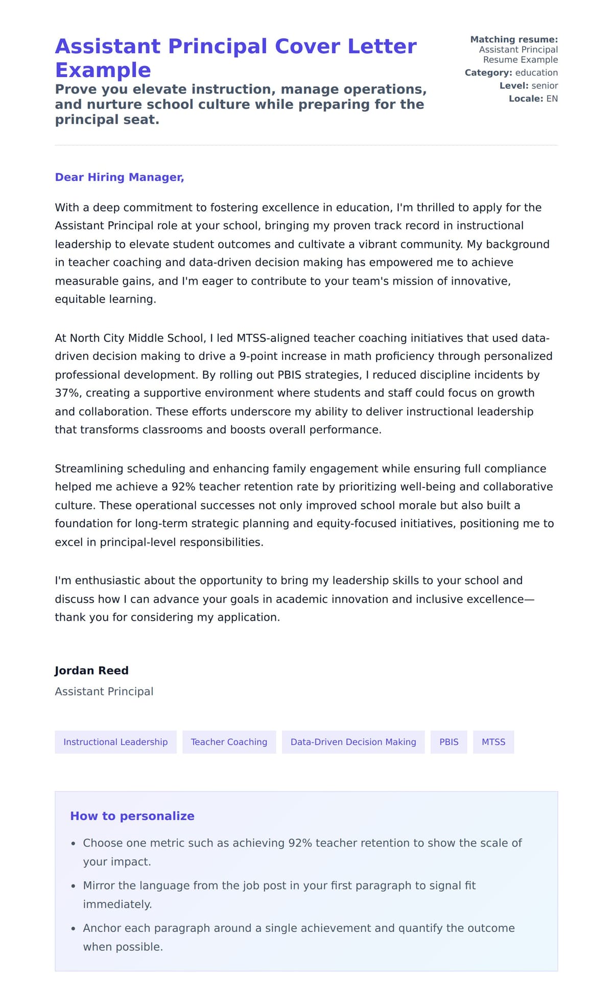 Cover Letter preview for Assistant Principal Cover Letter Example
