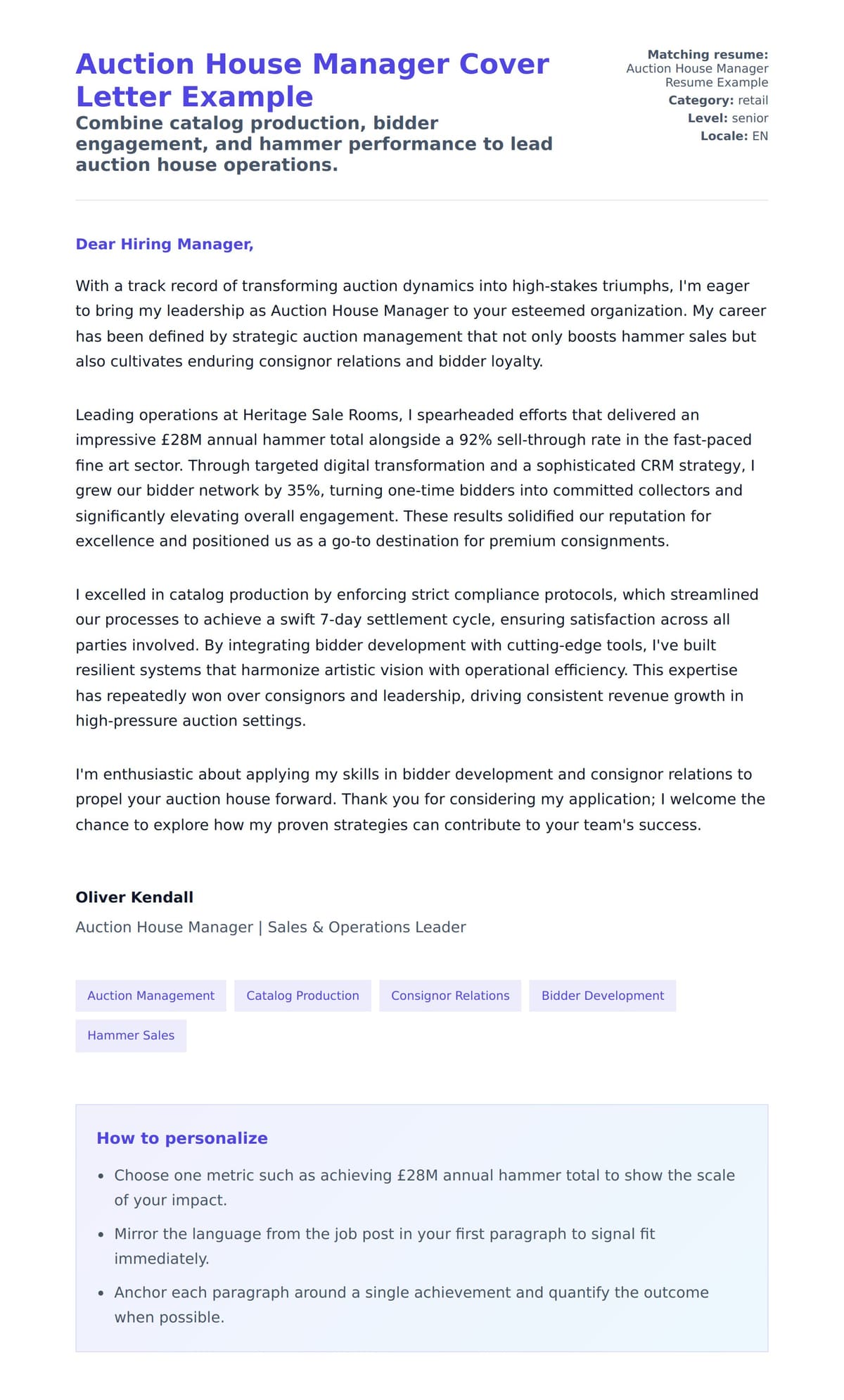 Cover Letter preview for Auction House Manager Cover Letter Example