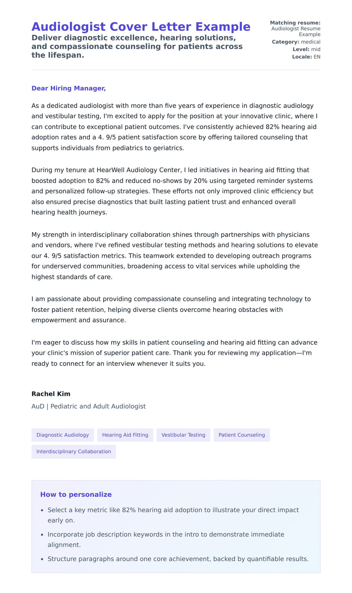 Cover Letter preview for Audiologist Cover Letter Example