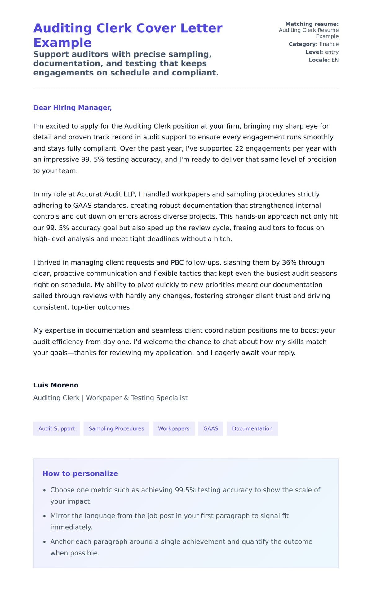 Cover Letter preview for Auditing Clerk Cover Letter Example