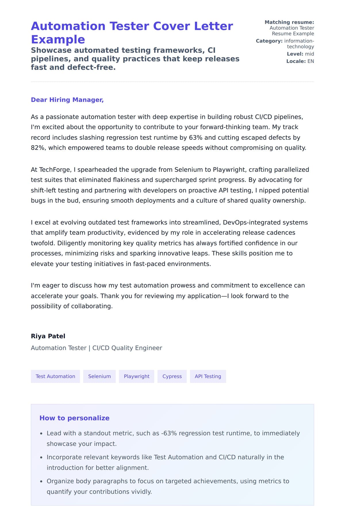 Cover Letter preview for Automation Tester Cover Letter Example