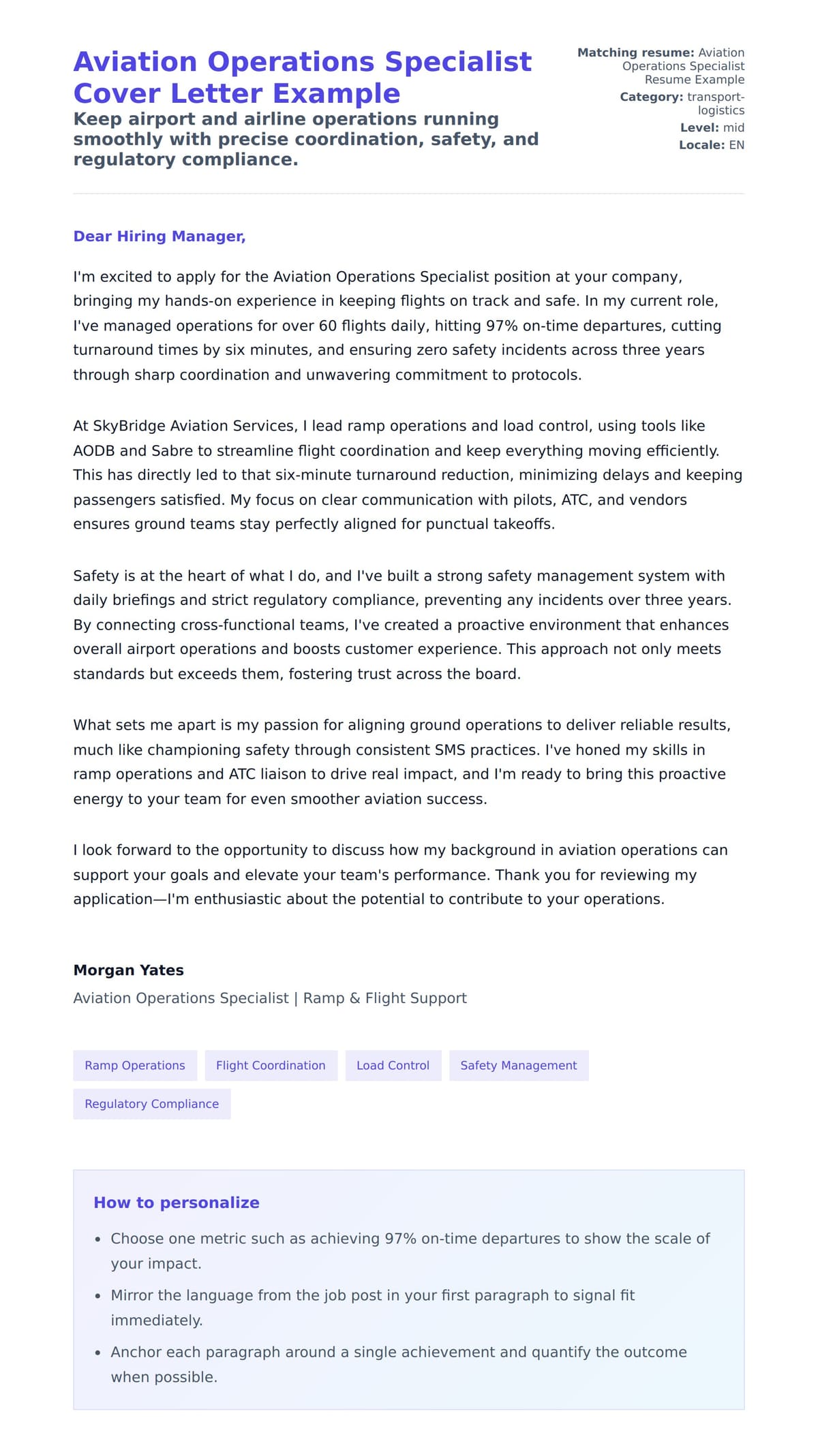 Cover Letter preview for Aviation Operations Specialist Cover Letter Example