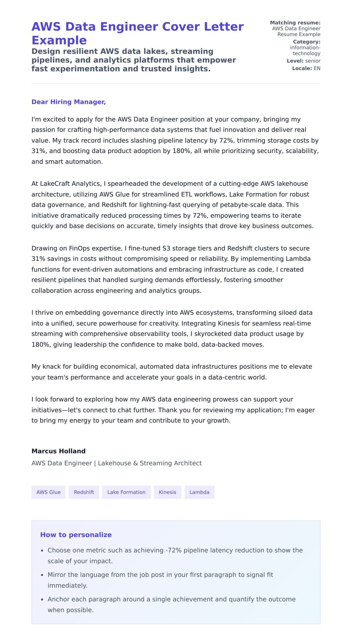 Cover Letter preview for AWS Data Engineer Cover Letter Example