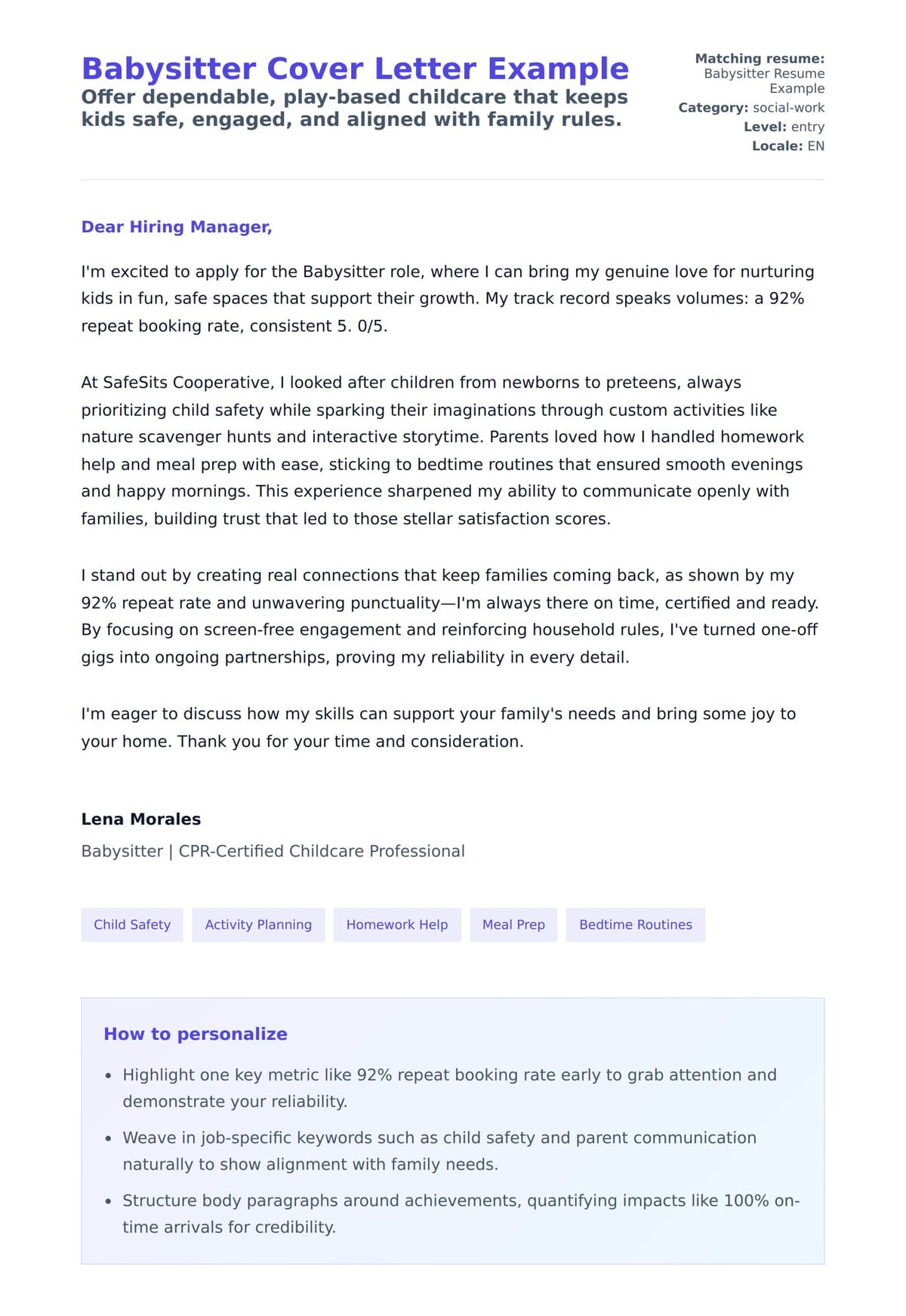 Cover Letter preview for Babysitter Cover Letter Example