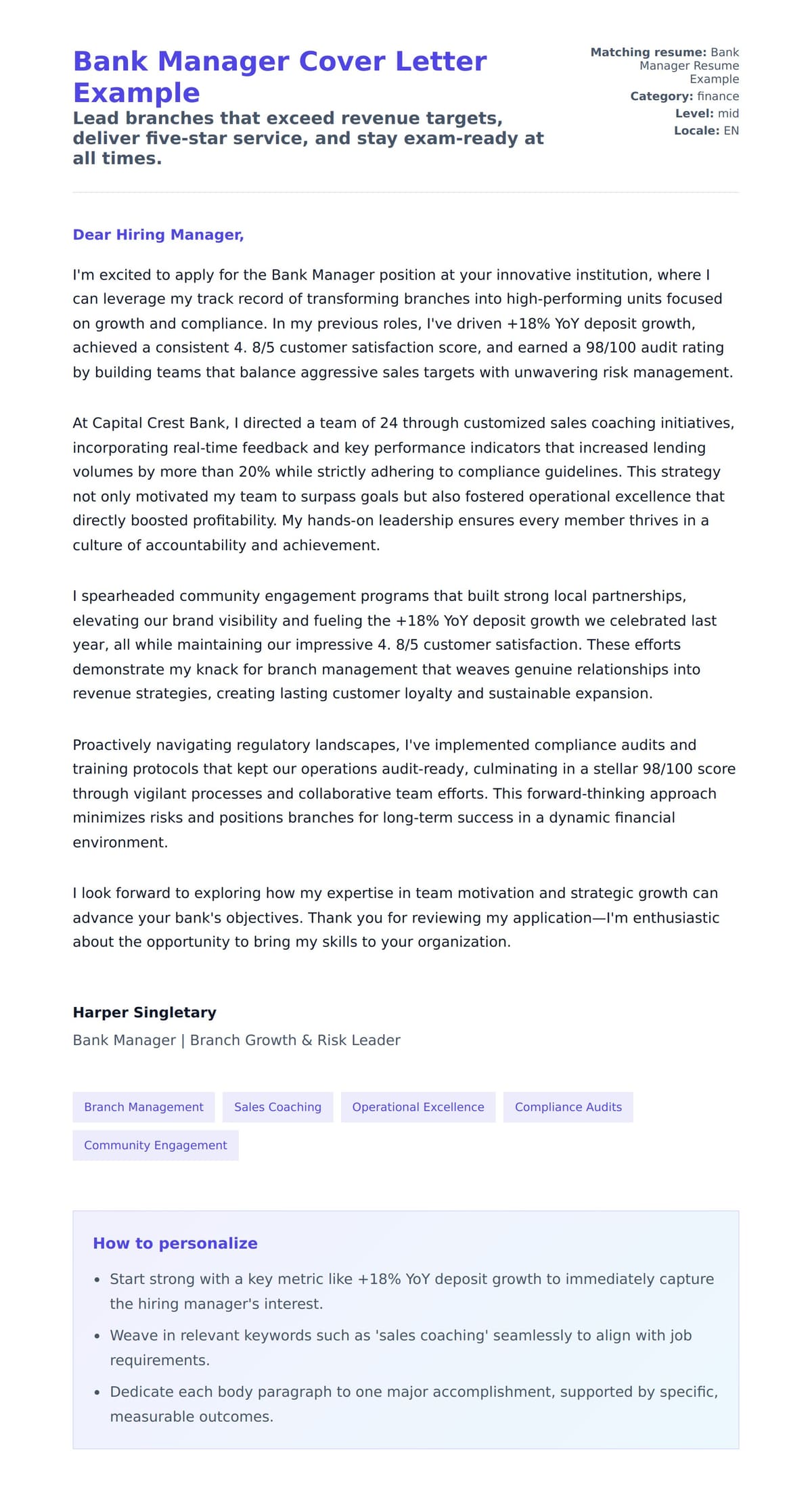 Cover Letter preview for Bank Manager Cover Letter Example