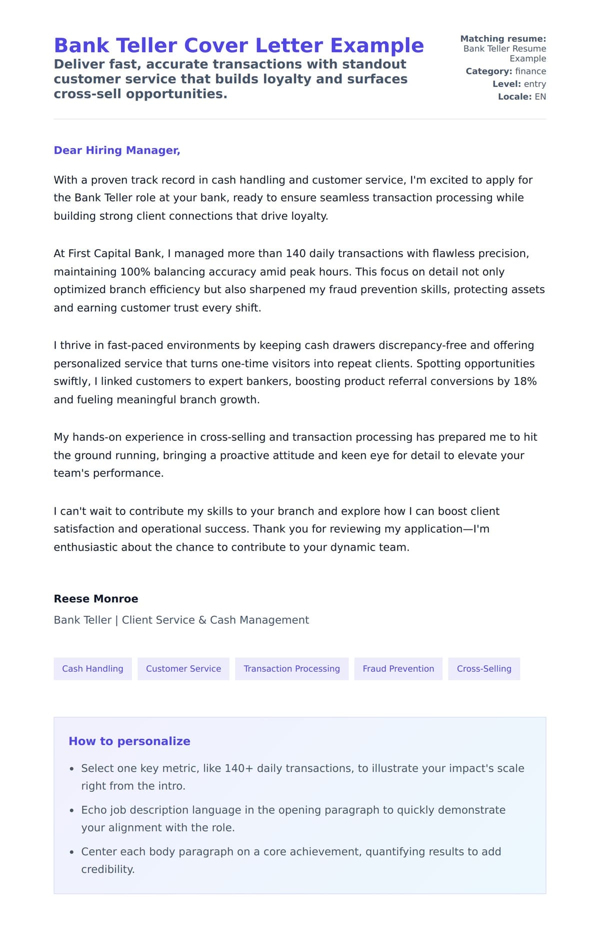 Cover Letter preview for Bank Teller Cover Letter Example