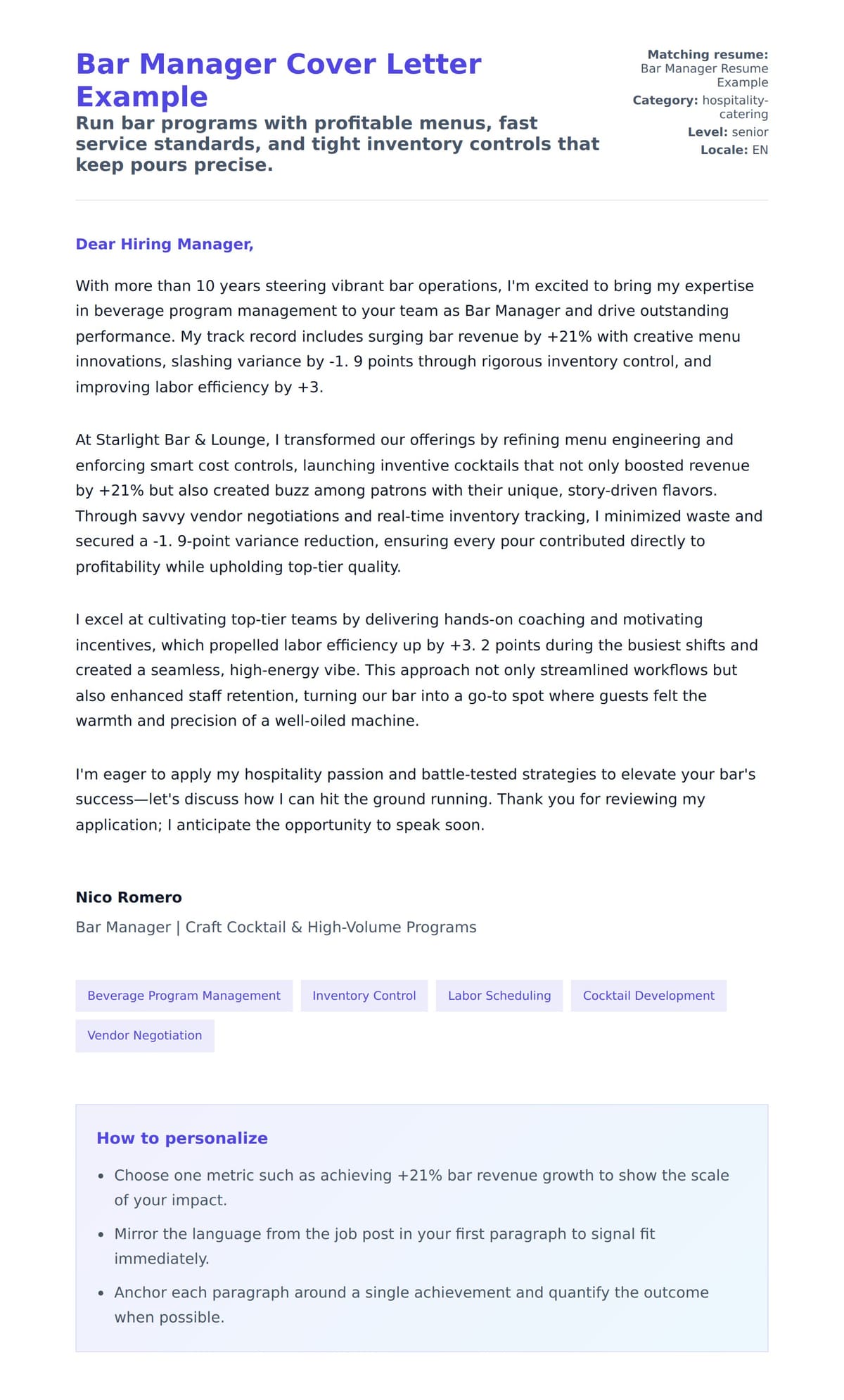 Cover Letter preview for Bar Manager Cover Letter Example