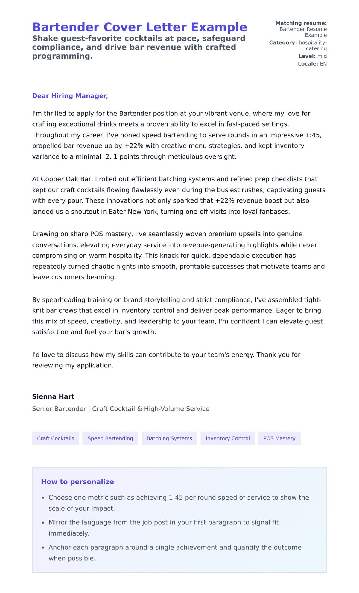 Cover Letter preview for Bartender Cover Letter Example