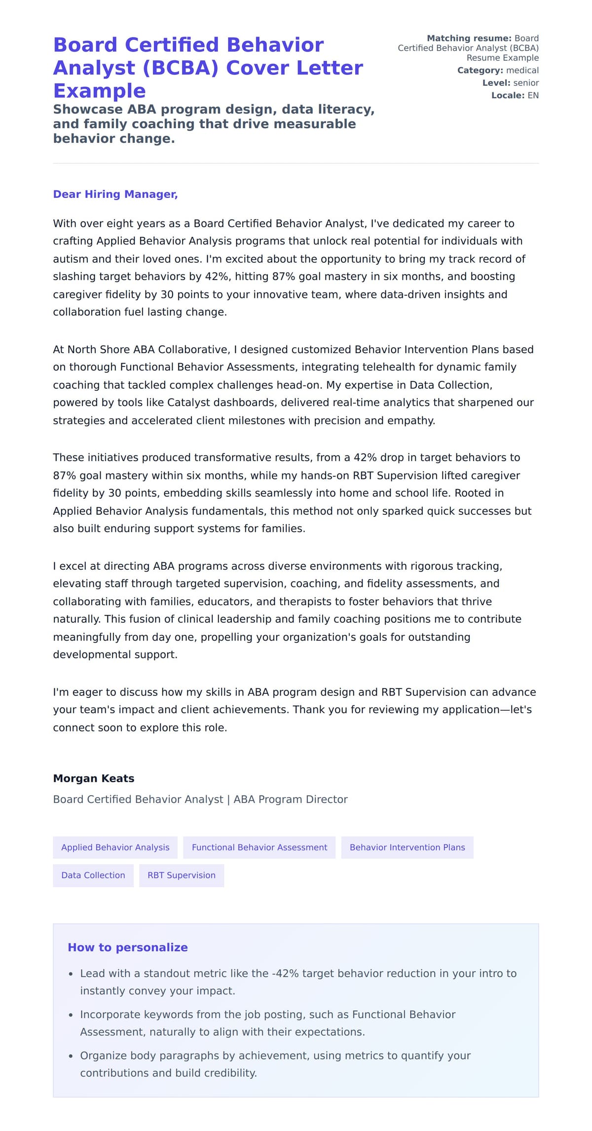 Cover Letter preview for Board Certified Behavior Analyst (BCBA) Cover Letter Example