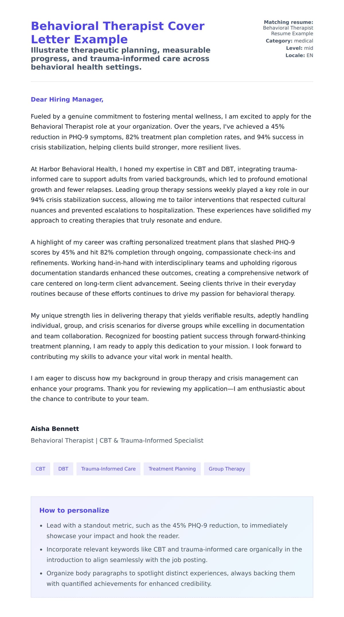 Cover Letter preview for Behavioral Therapist Cover Letter Example