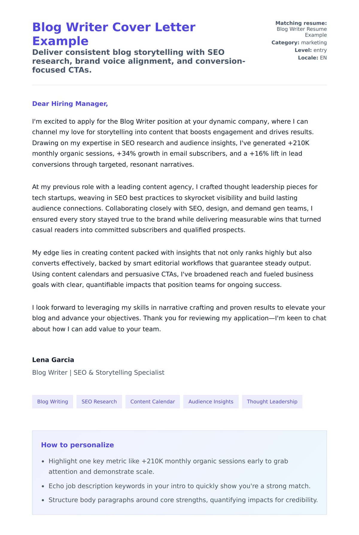 Cover Letter preview for Blog Writer Cover Letter Example