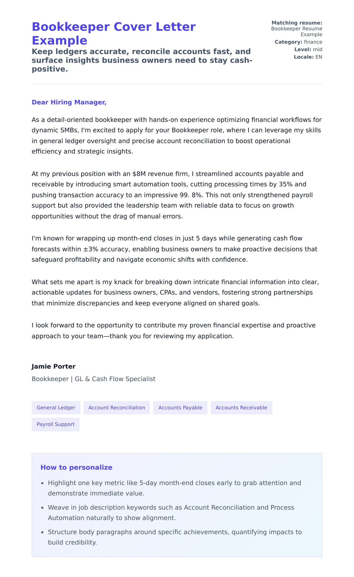 Cover Letter preview for Bookkeeper Cover Letter Example