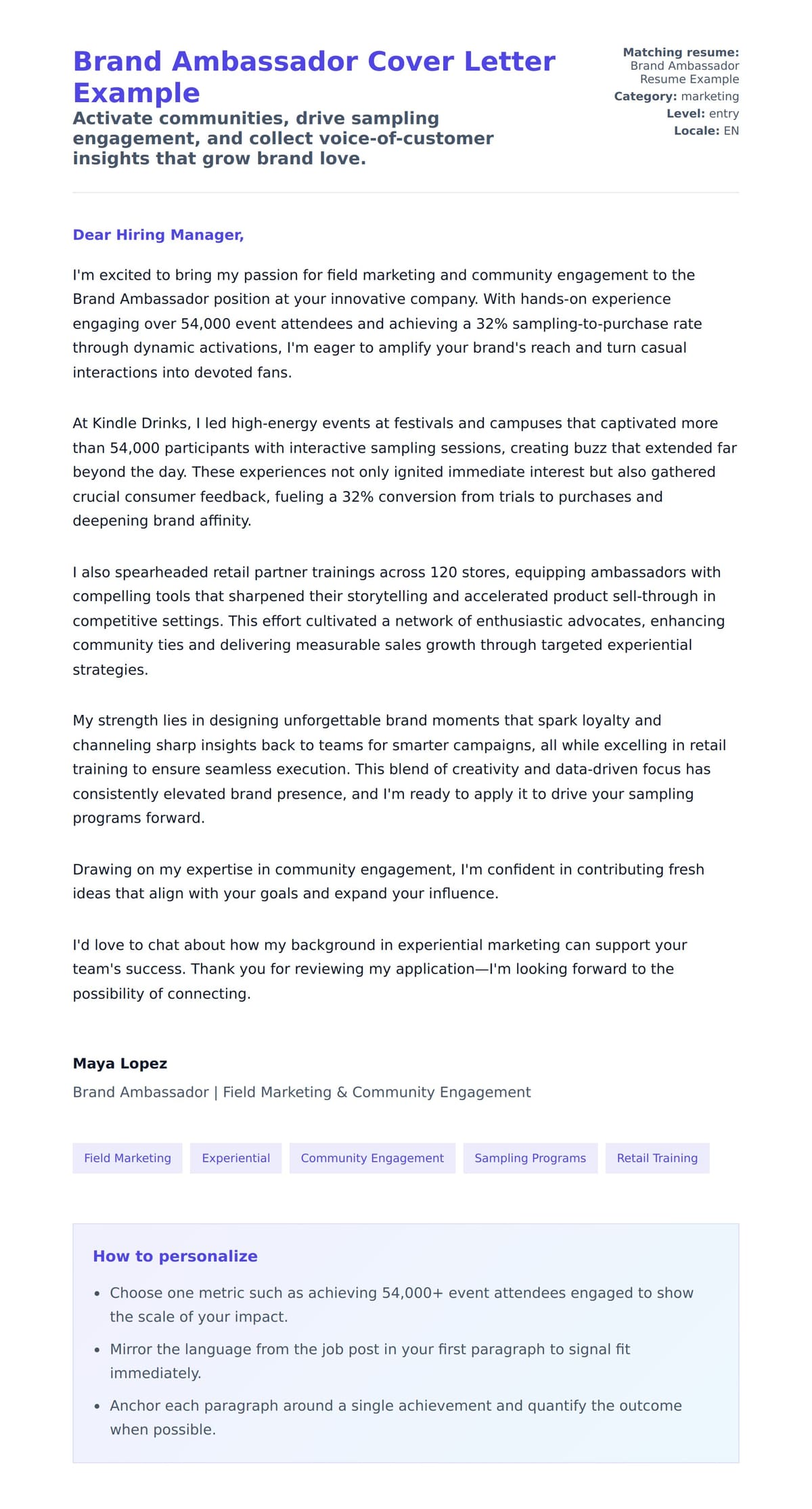 Cover Letter preview for Brand Ambassador Cover Letter Example