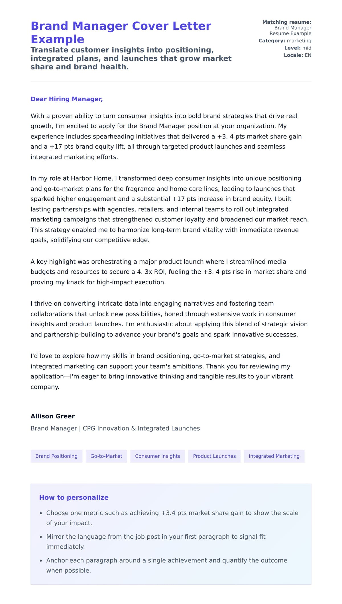 Cover Letter preview for Brand Manager Cover Letter Example