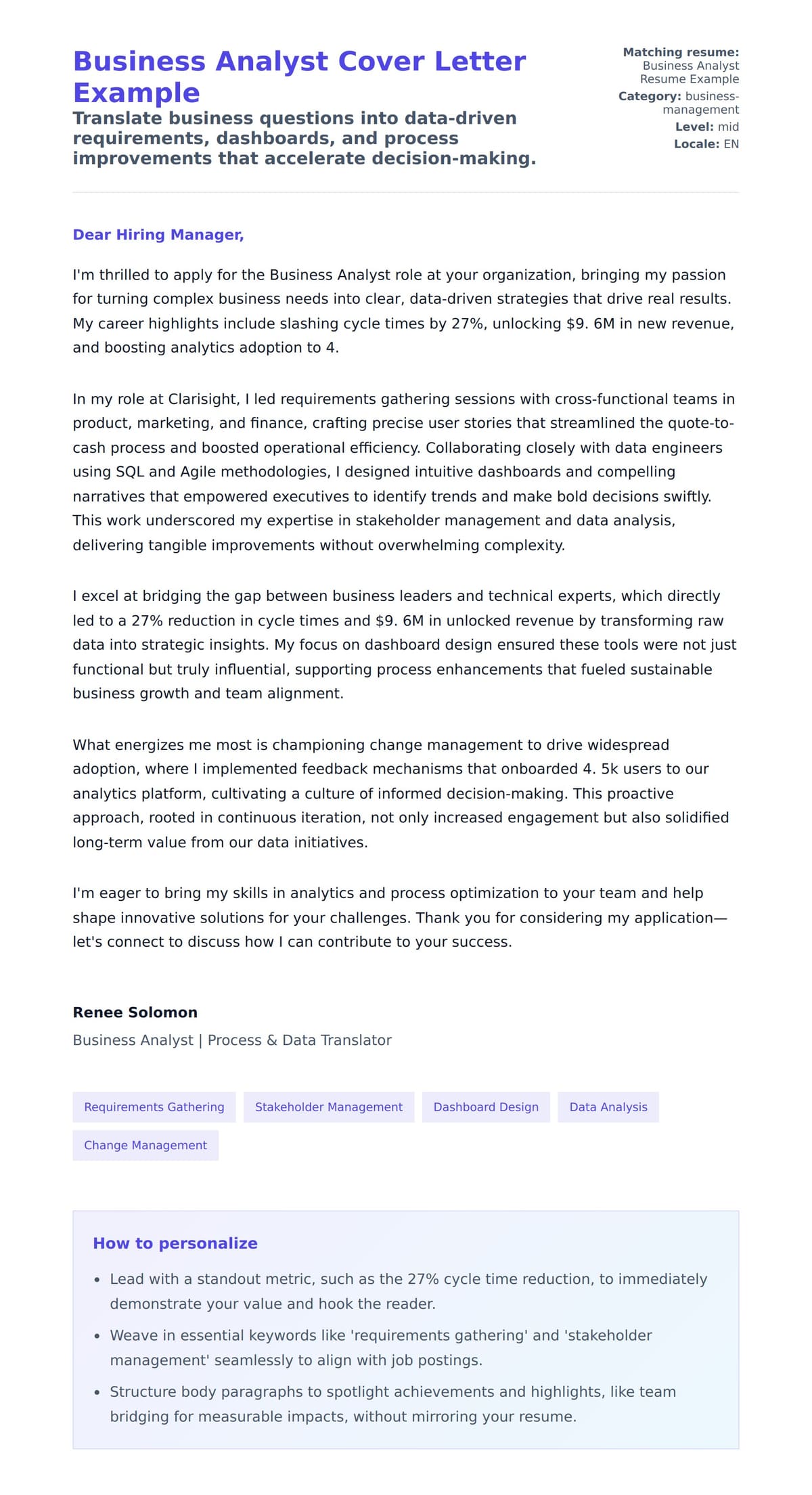 Cover Letter preview for Business Analyst Cover Letter Example